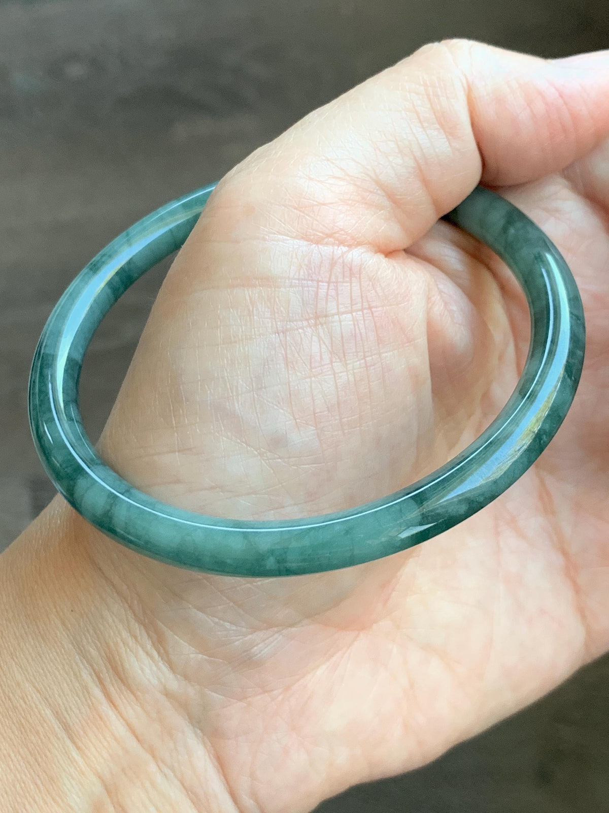 Certified Natural Grade A Guatemalan Icy Translucent Dark Dusty Teal Green Jade Jadeite Bangle Bracelet 59.83mm 7.4” 23g 天然冰危深蓝绿翡翠圆条手镯 937