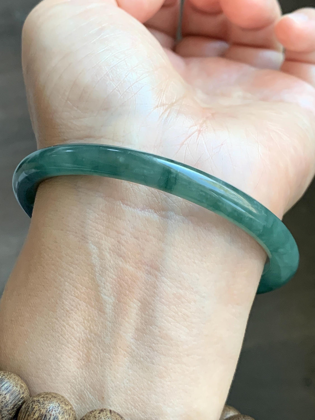 Certified Natural Grade A Guatemalan Icy Translucent Dark Dusty Teal Green Jade Jadeite Bangle Bracelet 59.78mm 7.4” 24.9g 天然冰危深蓝绿翡翠圆条手镯936