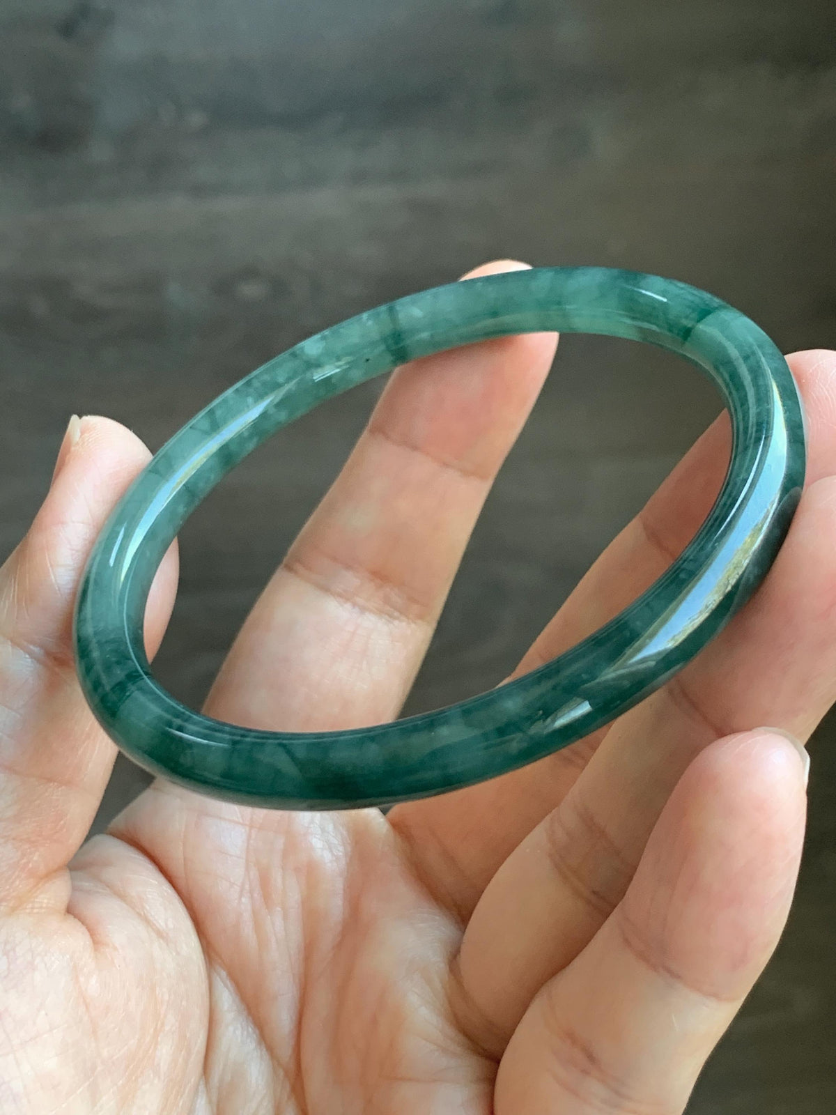 Certified Natural Grade A Guatemalan Icy Translucent Dark Dusty Teal Green Jade Jadeite Bangle Bracelet 59.78mm 7.4” 24.9g 天然冰危深蓝绿翡翠圆条手镯936