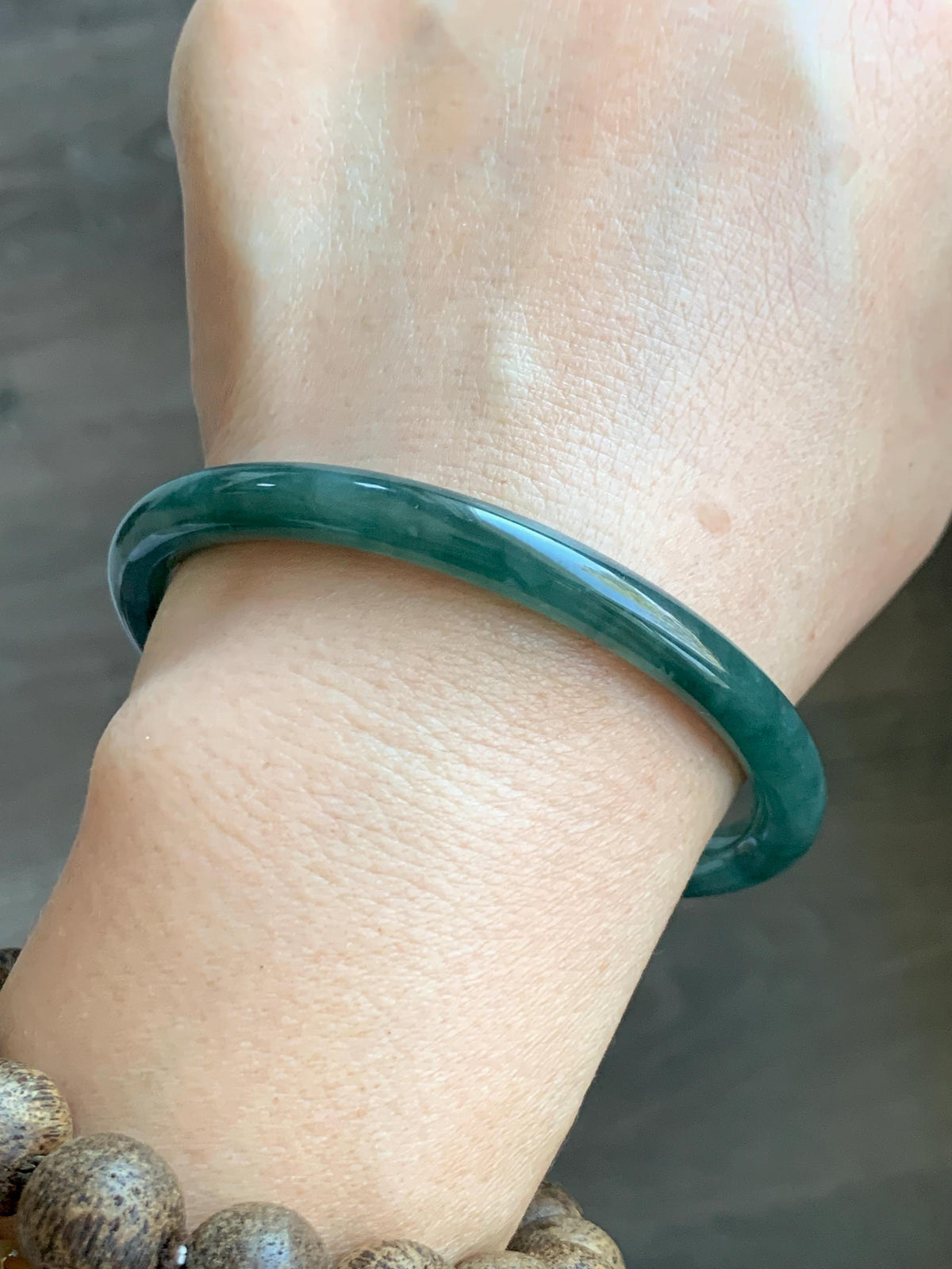 Certified Natural Grade A Guatemalan Icy Translucent Dark Dusty Teal Green Jade Jadeite Bangle Bracelet 59.78mm 7.4” 24.9g 天然冰危深蓝绿翡翠圆条手镯936