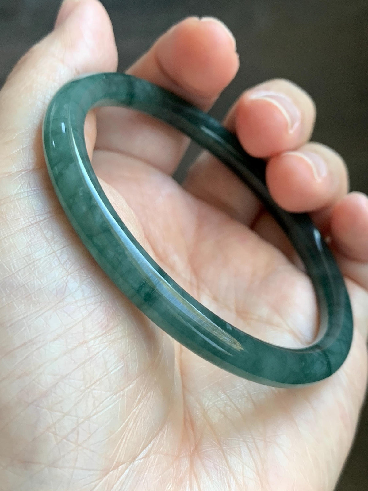 Certified Natural Grade A Guatemalan Icy Translucent Dark Dusty Teal Green Jade Jadeite Bangle Bracelet 59.78mm 7.4” 24.9g 天然冰危深蓝绿翡翠圆条手镯936