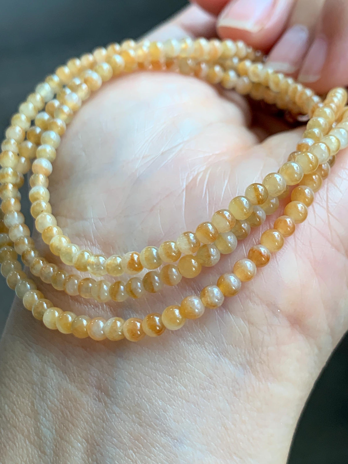 Natural Grade A Icy Translucent Light Yellow Bicolored Jade Jadeite Petite Beads Beaded Necklace 3.4mm 23.25” 13g 天然冰黄鸳鸯翡翠小圆珠项链 MYY330A
