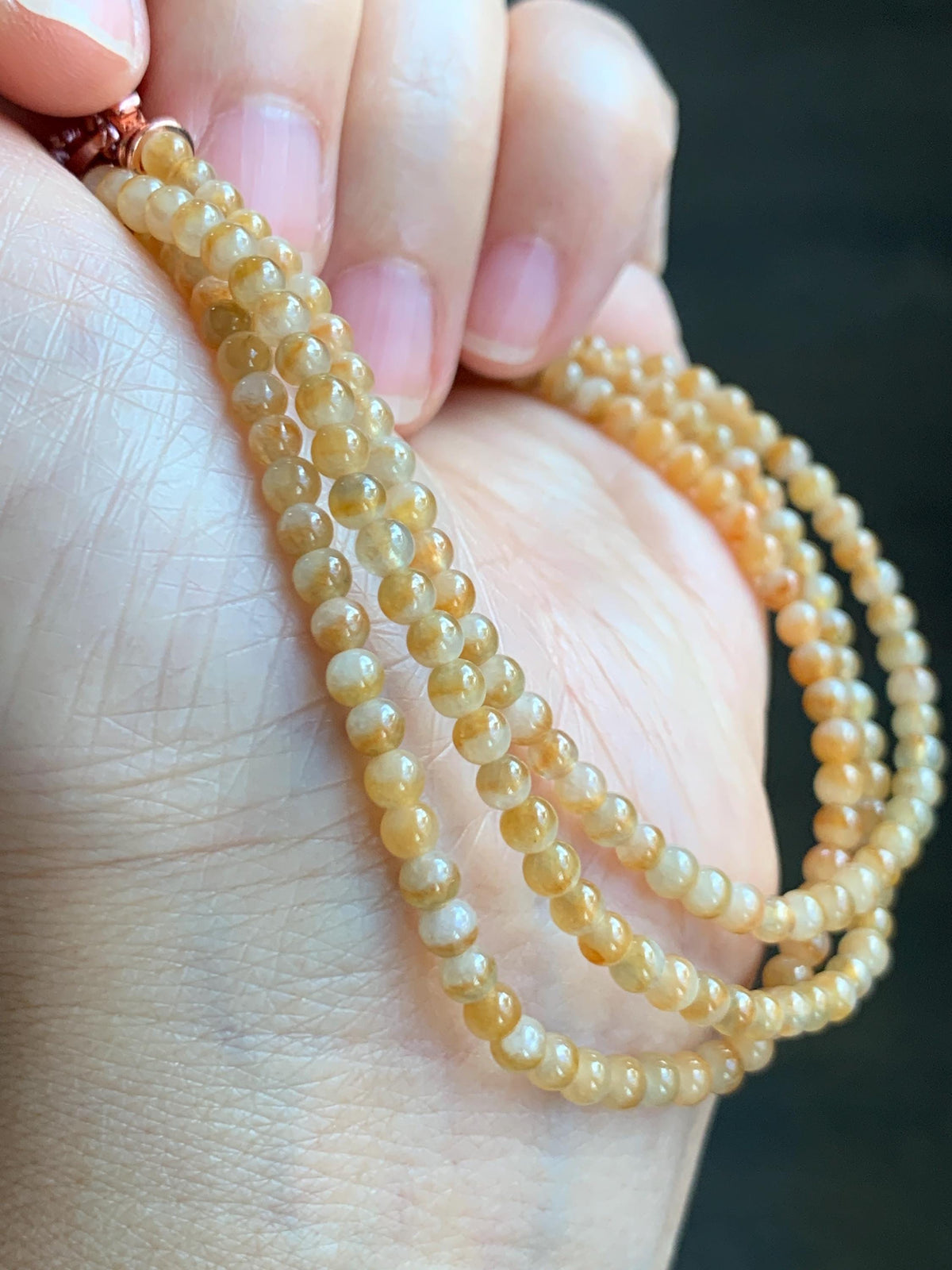 Natural Grade A Icy Translucent Light Yellow Bicolored Jade Jadeite Petite Beads Beaded Necklace 3.4mm 23.25” 13g 天然冰黄鸳鸯翡翠小圆珠项链 MYY330A