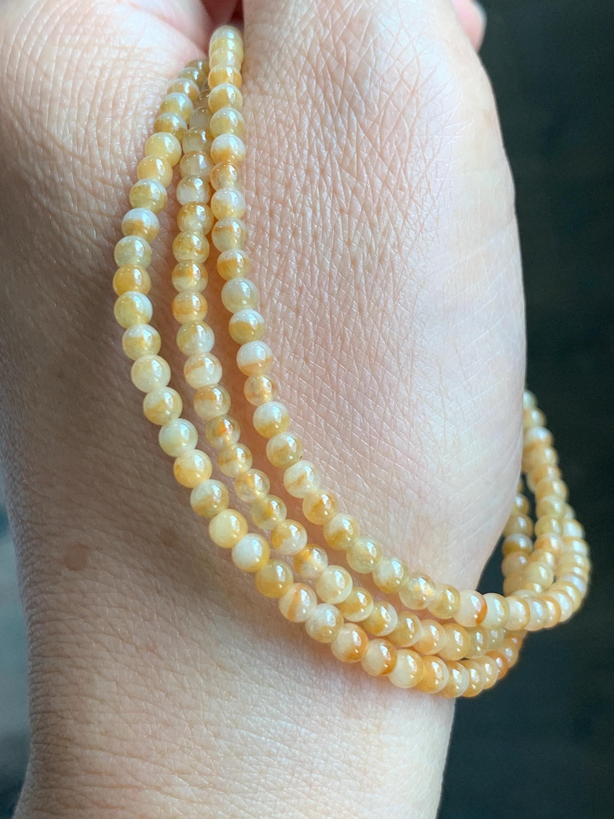Natural Grade A Icy Translucent Light Yellow Bicolored Jade Jadeite Petite Beads Beaded Necklace 3.4mm 23.25” 13g 天然冰黄鸳鸯翡翠小圆珠项链 MYY330A