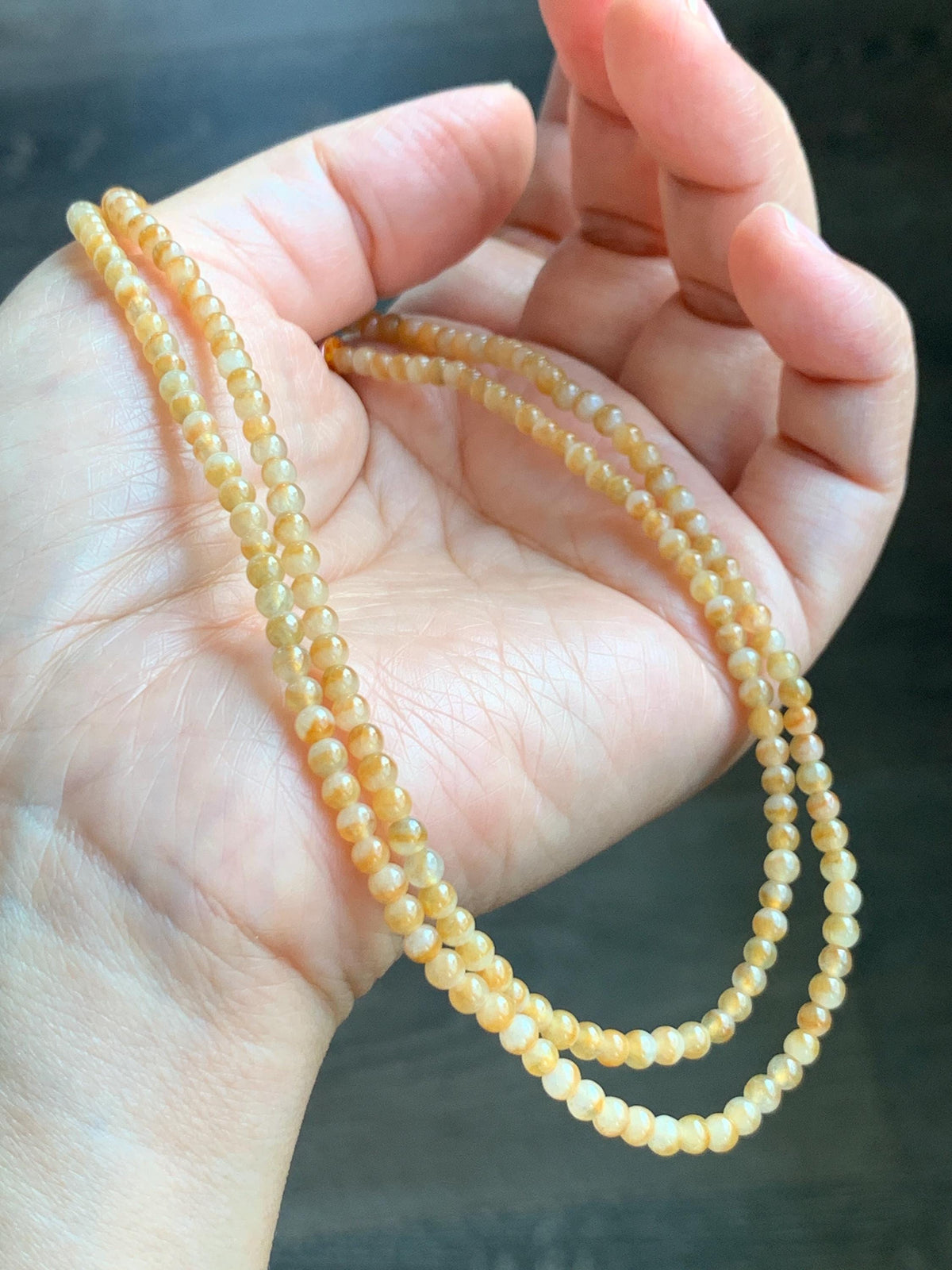 Natural Grade A Icy Translucent Light Yellow Bicolored Jade Jadeite Petite Beads Beaded Necklace 3.4mm 23.25” 13g 天然冰黄鸳鸯翡翠小圆珠项链 MYY330A