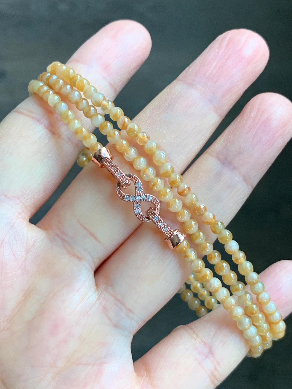 Natural Grade A Icy Translucent Light Yellow Bicolored Jade Jadeite Petite Beads Beaded Necklace 3.4mm 23.25” 13g 天然冰黄鸳鸯翡翠小圆珠项链 MYY330A