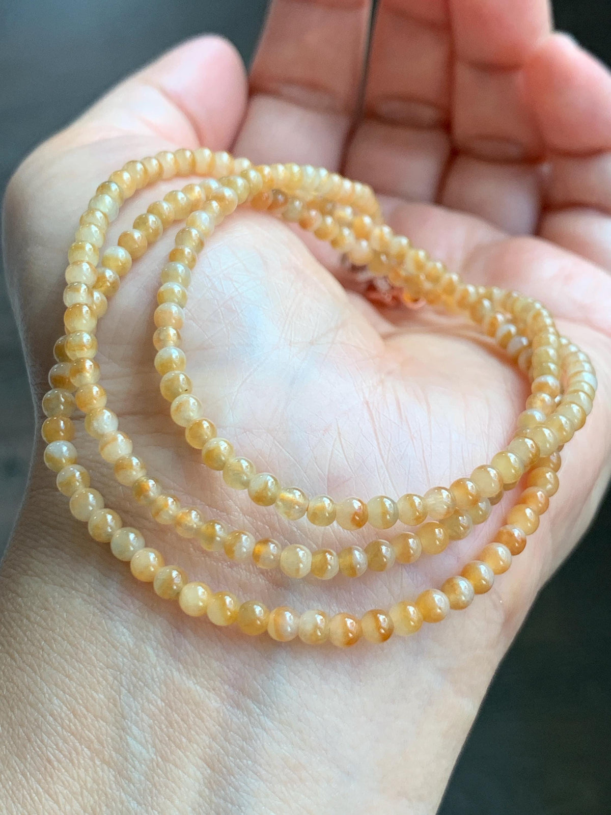Natural Grade A Icy Translucent Light Yellow Bicolored Jade Jadeite Petite Beads Beaded Necklace 3.4mm 23.25” 13g 天然冰黄鸳鸯翡翠小圆珠项链 MYY330A