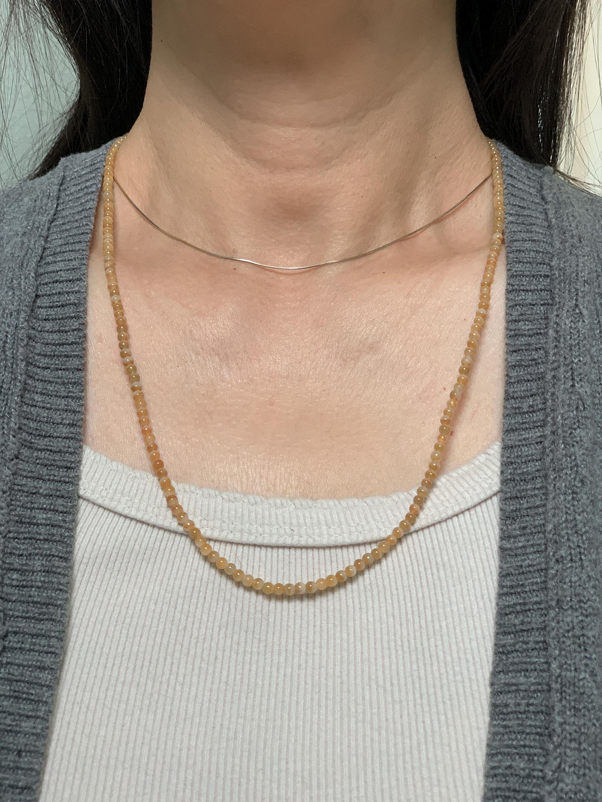 Natural Grade A Icy Translucent Light Yellow Bicolored Jade Jadeite Petite Beads Beaded Necklace 3.4mm 23.25” 13g 天然冰黄鸳鸯翡翠小圆珠项链 MYY330A