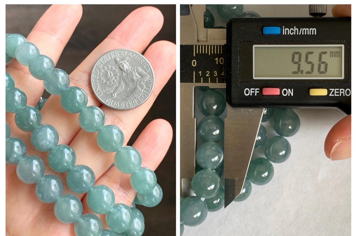 Natural Grade A Guatemalan Icy Highly Translucent Light Dusty Teal Blue Jade Jadeite Beaded Necklace 9.5mm 24.5” 100g 天然冰胶危浅蓝翡翠大卡圆珠项链 WQC495