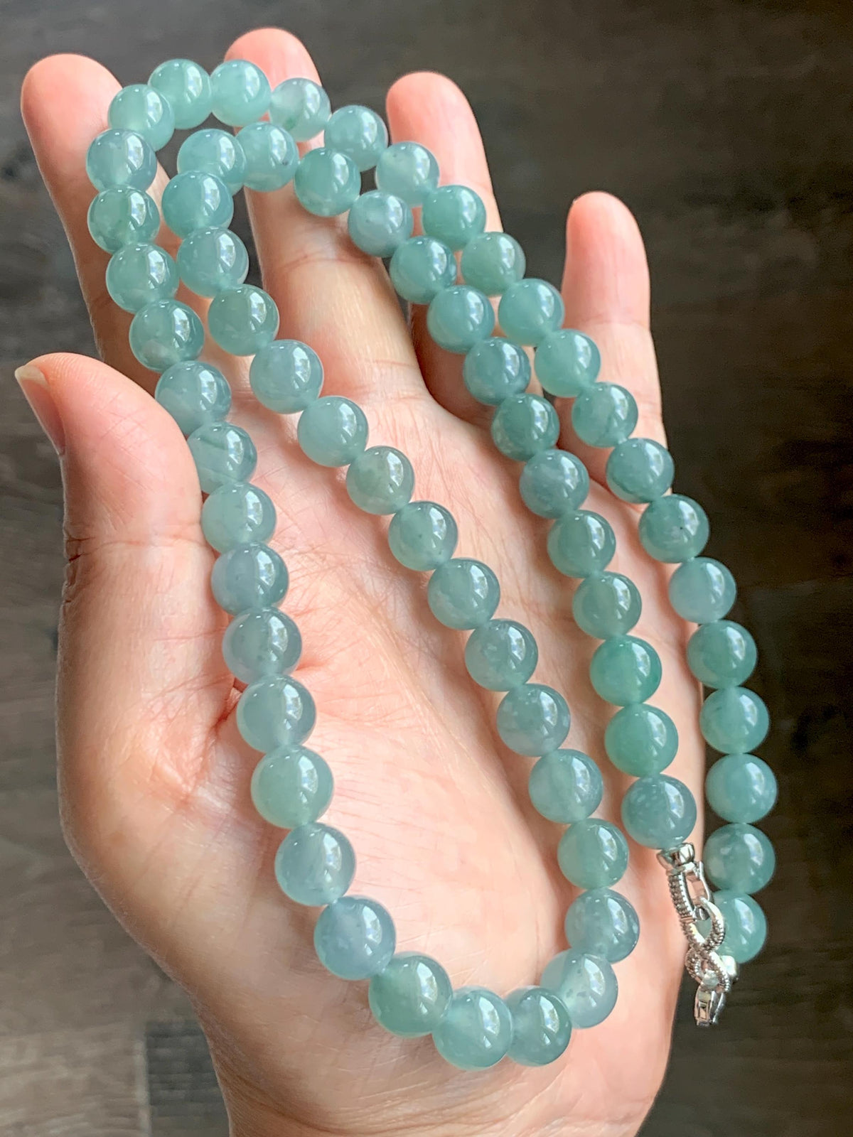 Natural Grade A Guatemalan Icy Highly Translucent Light Dusty Teal Blue Jade Jadeite Beaded Necklace 9.5mm 24.5” 100g 天然冰胶危浅蓝翡翠大卡圆珠项链 WQC495