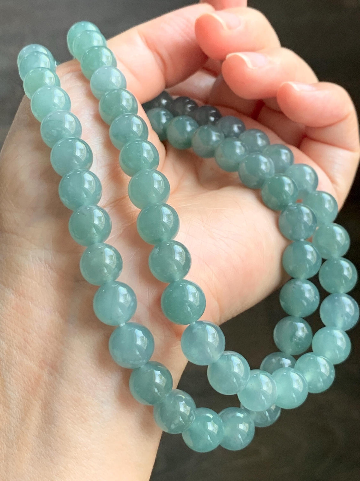 Natural Grade A Guatemalan Icy Highly Translucent Light Dusty Teal Blue Jade Jadeite Beaded Necklace 9.5mm 24.5” 100g 天然冰胶危浅蓝翡翠大卡圆珠项链 WQC495