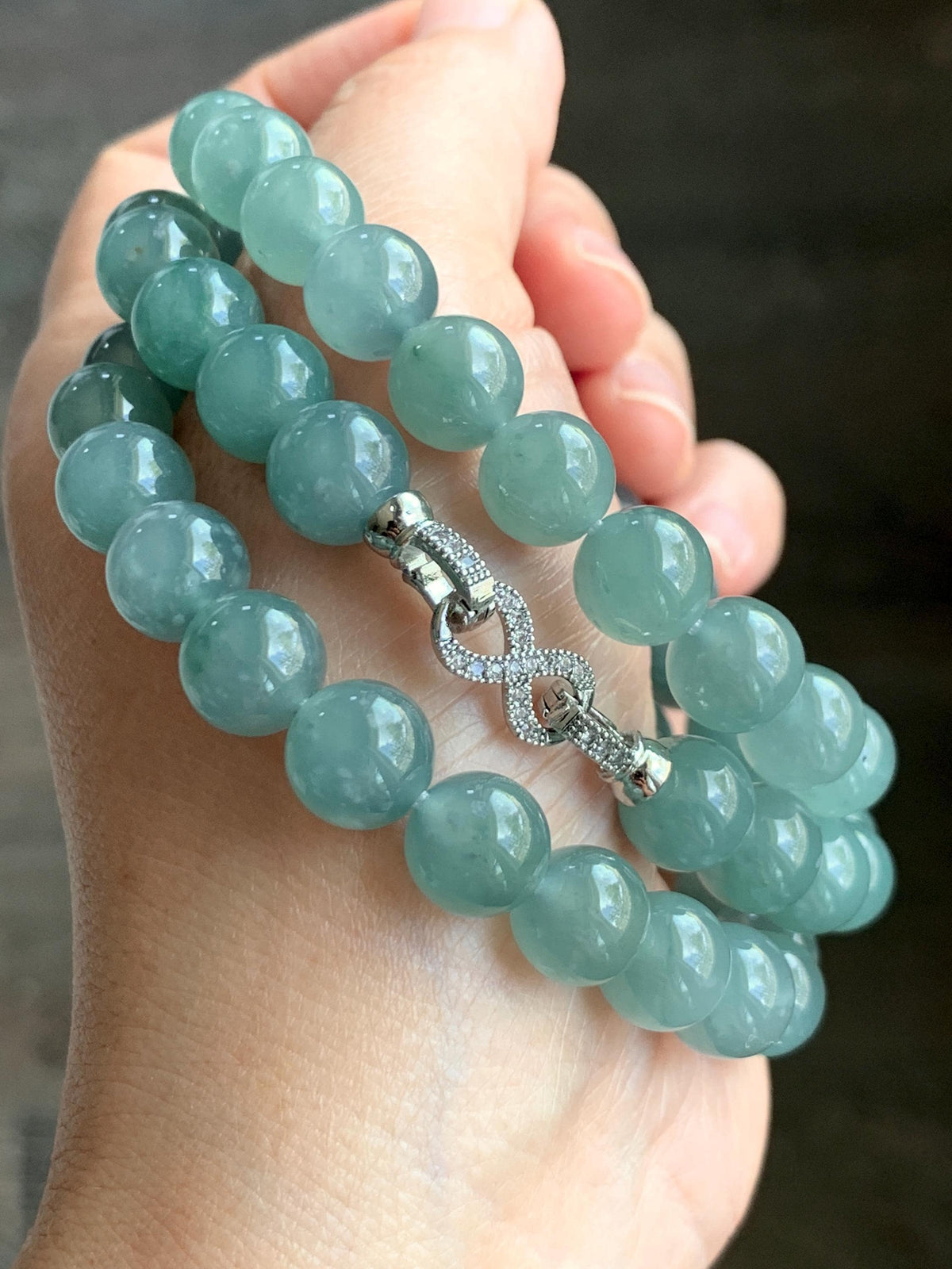 Natural Grade A Guatemalan Icy Highly Translucent Light Dusty Teal Blue Jade Jadeite Beaded Necklace 9.5mm 24.5” 100g 天然冰胶危浅蓝翡翠大卡圆珠项链 WQC495