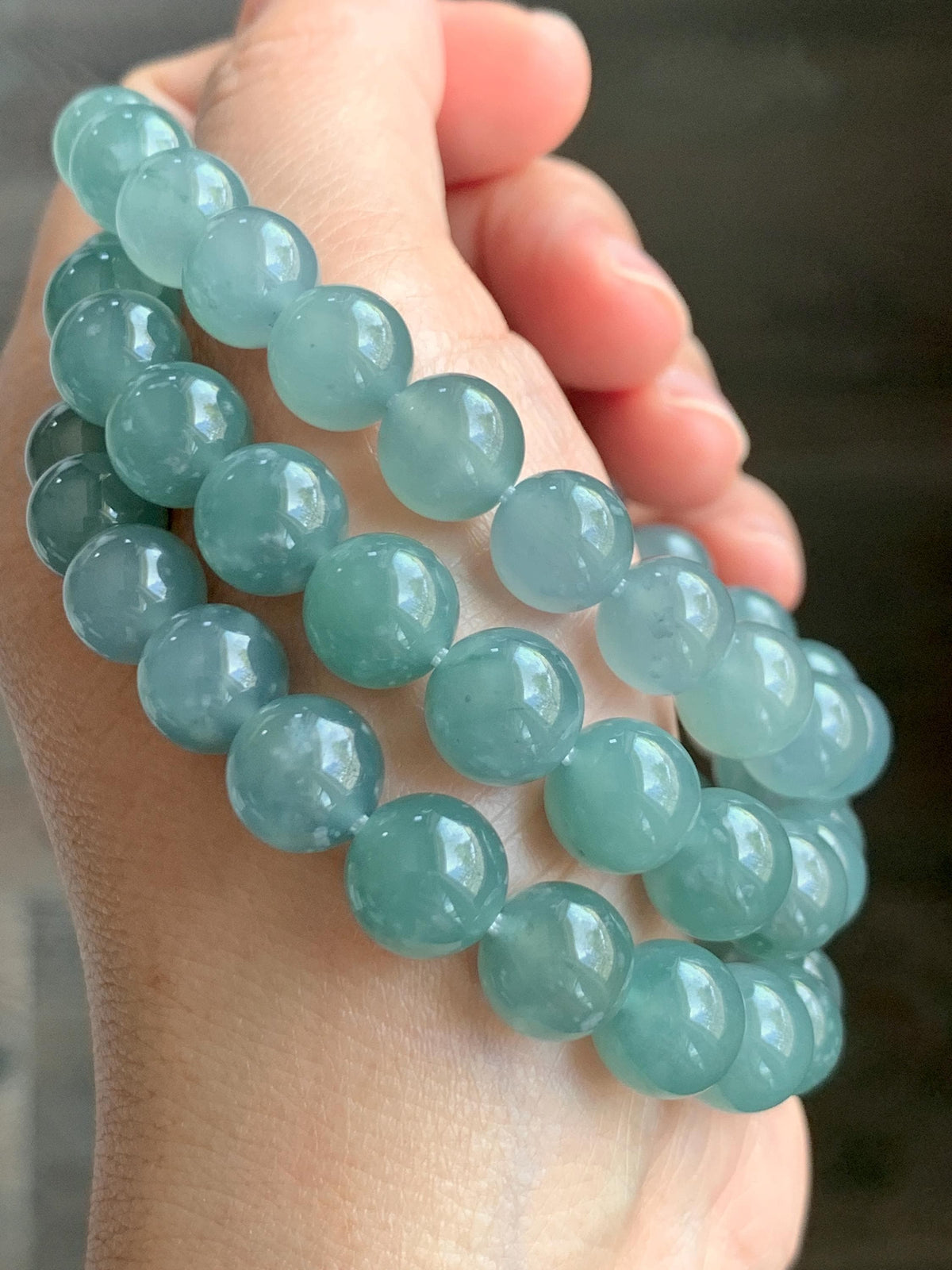 Natural Grade A Guatemalan Icy Highly Translucent Light Dusty Teal Blue Jade Jadeite Beaded Necklace 9.5mm 24.5” 100g 天然冰胶危浅蓝翡翠大卡圆珠项链 WQC495