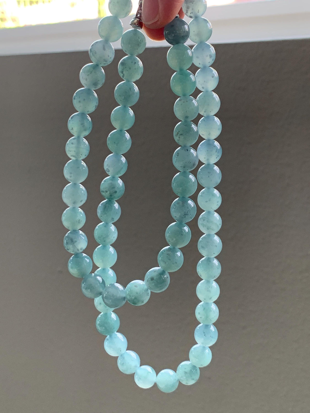 Natural Grade A Guatemalan Icy Highly Translucent Light Dusty Teal Blue Jade Jadeite Beaded Necklace 9.5mm 24.5” 100g 天然冰胶危浅蓝翡翠大卡圆珠项链 WQC495