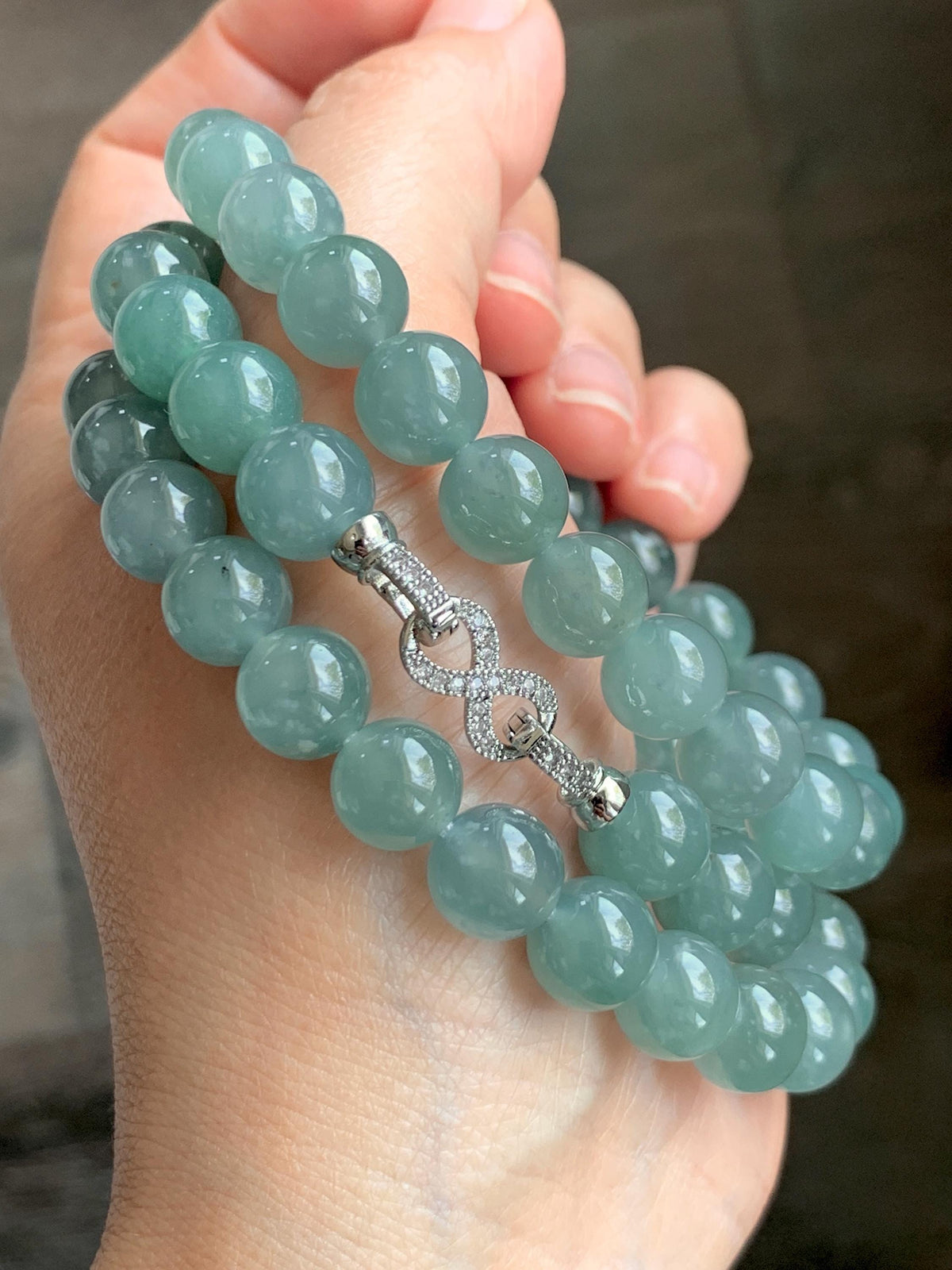 Natural Grade A Guatemalan Icy Highly Translucent Light Dusty Teal Blue Jade Jadeite Beaded Necklace 9.5mm 24.5” 100g 天然冰胶危浅蓝翡翠大卡圆珠项链 WQC495