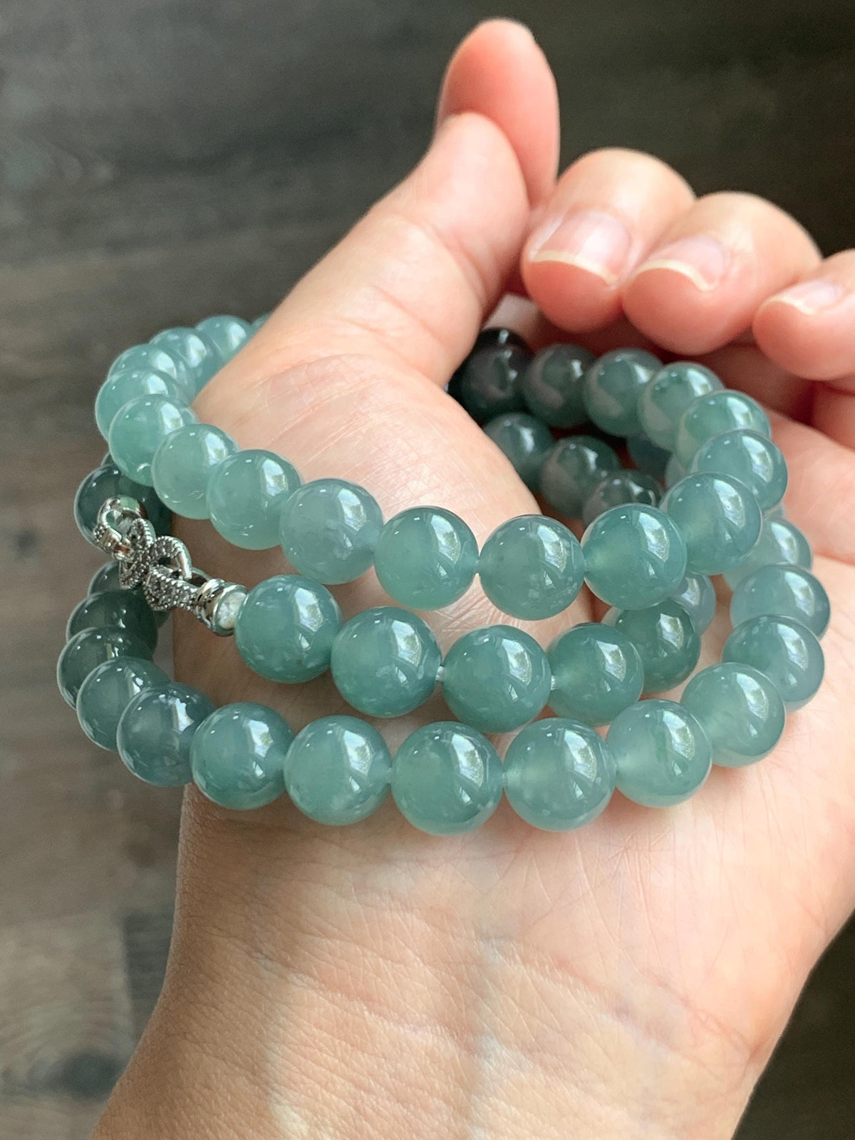 Natural Grade A Guatemalan Icy Highly Translucent Light Dusty Teal Blue Jade Jadeite Beaded Necklace 9.5mm 24.5” 100g 天然冰胶危浅蓝翡翠大卡圆珠项链 WQC495