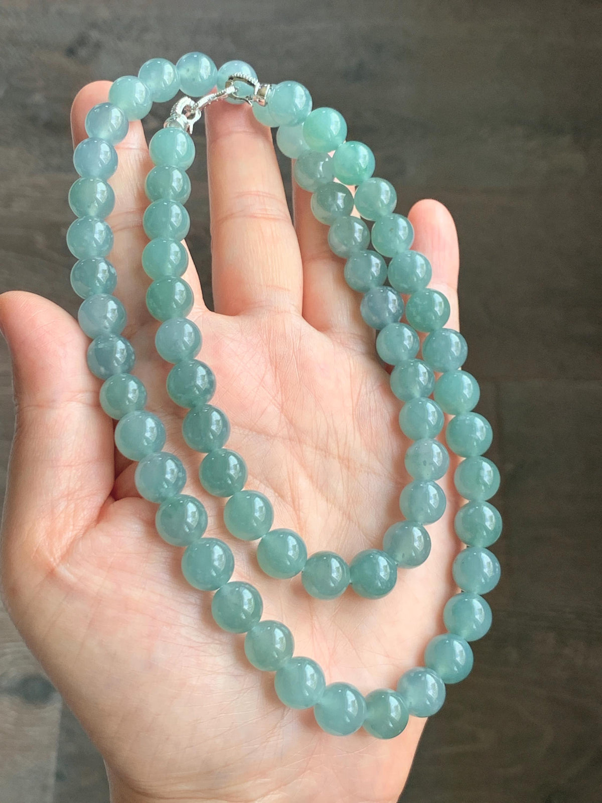 Natural Grade A Guatemalan Icy Highly Translucent Light Dusty Teal Blue Jade Jadeite Beaded Necklace 9.5mm 24.5” 100g 天然冰胶危浅蓝翡翠大卡圆珠项链 WQC495