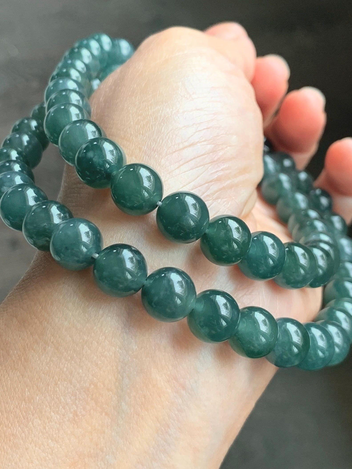 Natural Grade A Guatemalan Icy Translucent Dark Teal Blue Jade Jadeite Beaded Necklace 9.7mm 23.7” 101g 天然冰胶危深蓝绿翡翠大卡圆珠项链 WSC440