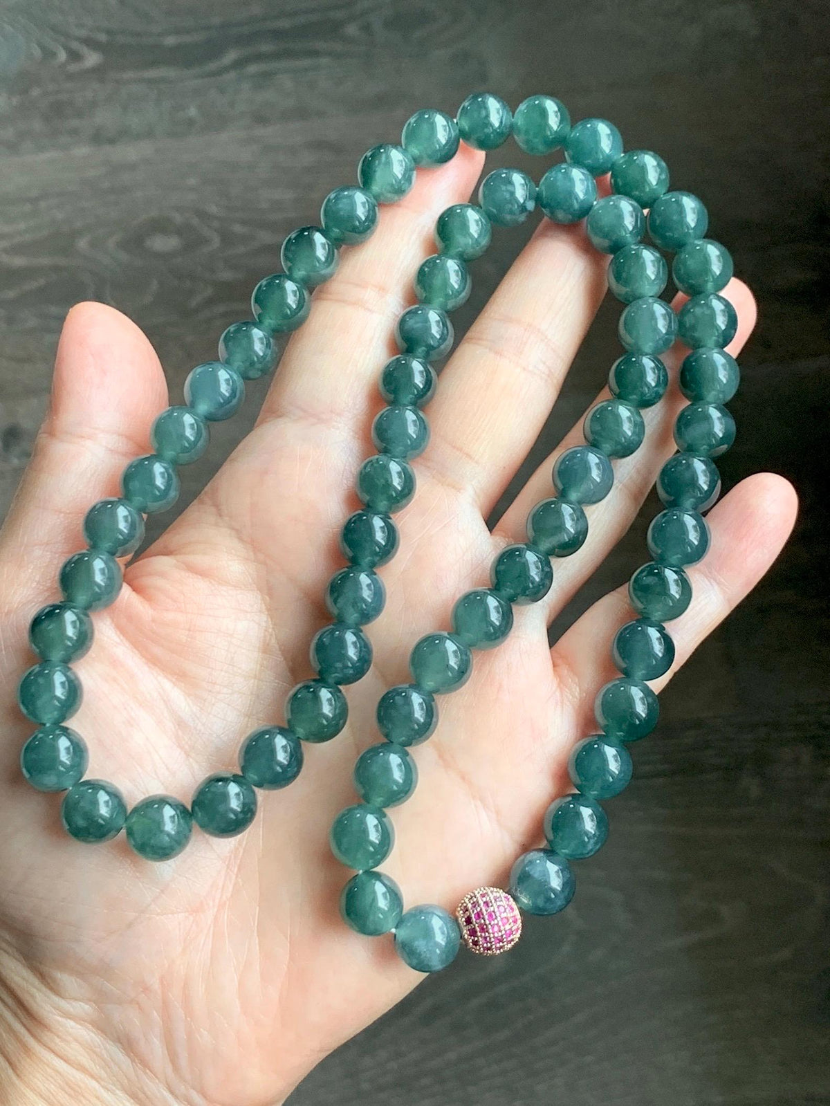 Natural Grade A Guatemalan Icy Translucent Dark Teal Blue Jade Jadeite Beaded Necklace 9.7mm 23.7” 101g 天然冰胶危深蓝绿翡翠大卡圆珠项链 WSC440