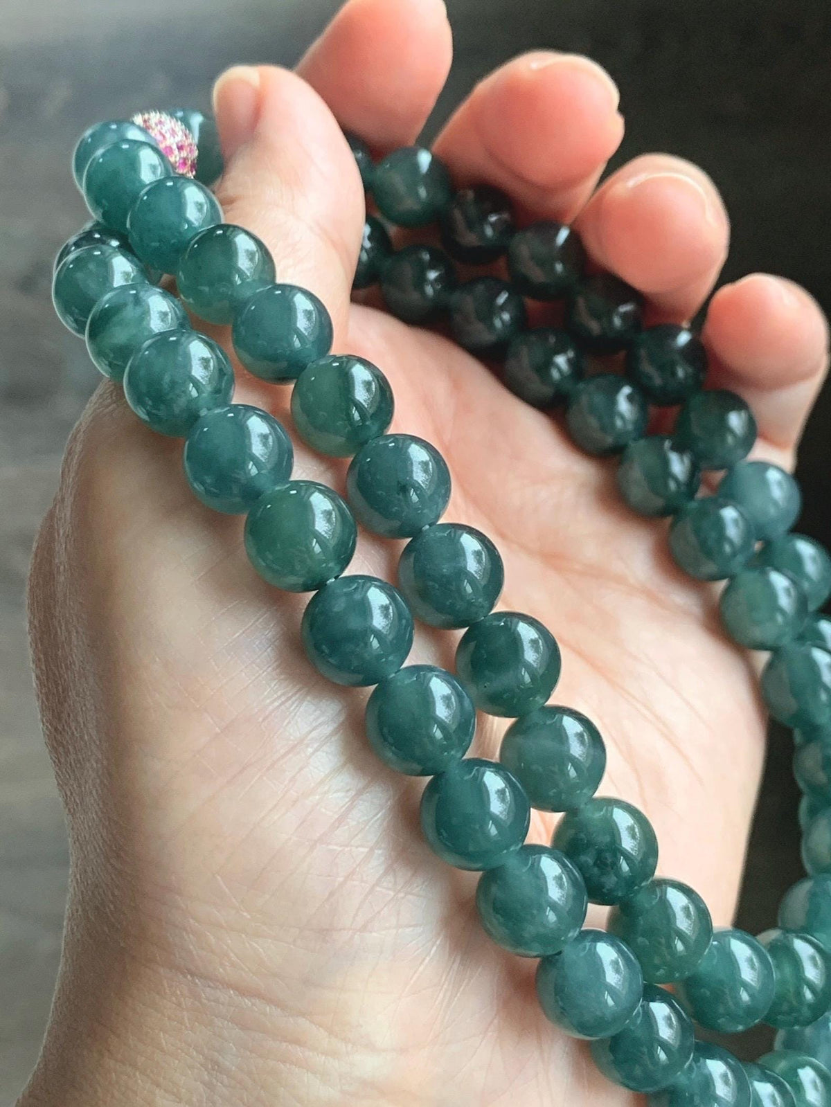 Natural Grade A Guatemalan Icy Translucent Dark Teal Blue Jade Jadeite Beaded Necklace 9.7mm 23.7” 101g 天然冰胶危深蓝绿翡翠大卡圆珠项链 WSC440