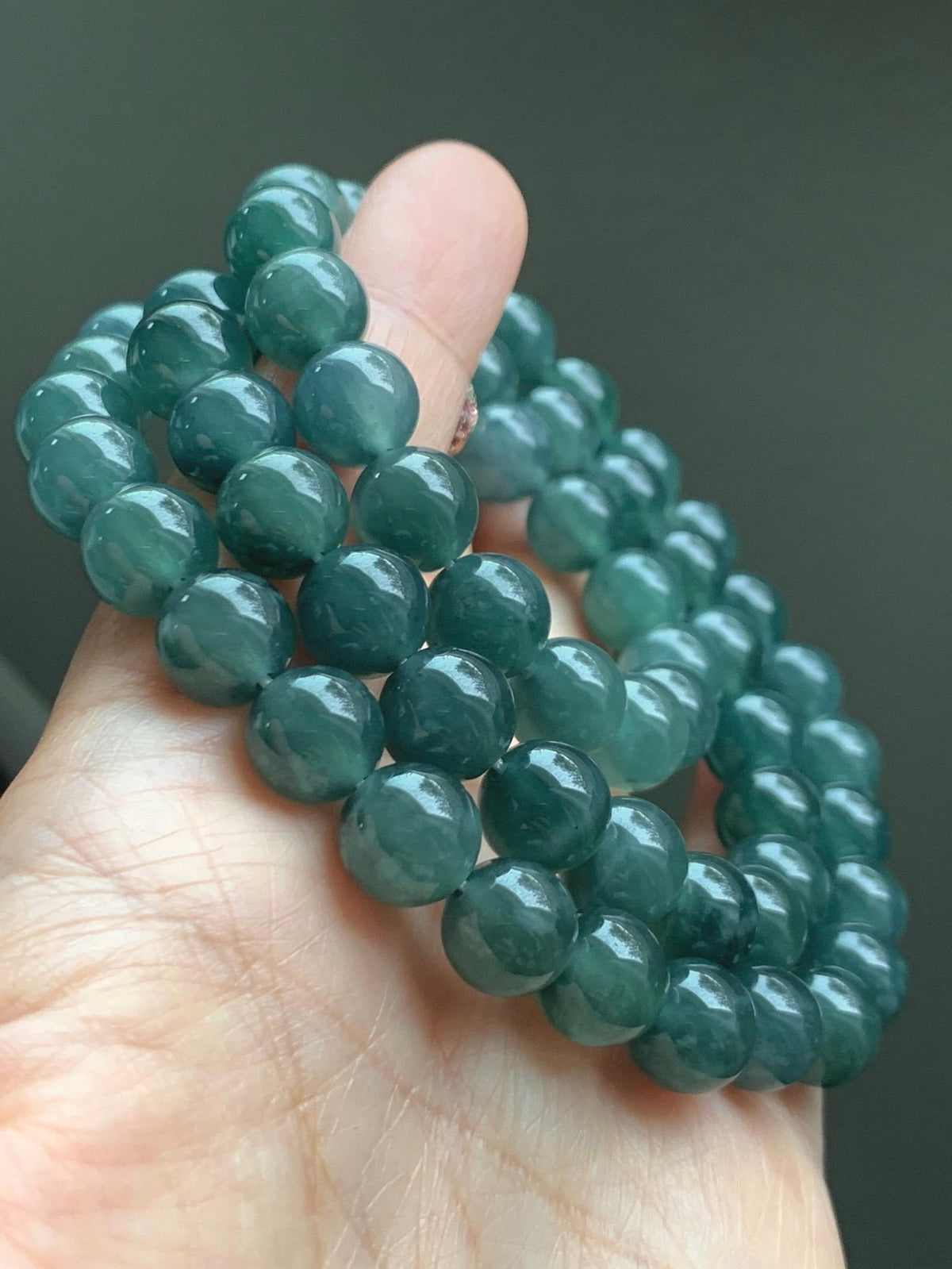 Natural Grade A Guatemalan Icy Translucent Dark Teal Blue Jade Jadeite Beaded Necklace 9.7mm 23.7” 101g 天然冰胶危深蓝绿翡翠大卡圆珠项链 WSC440