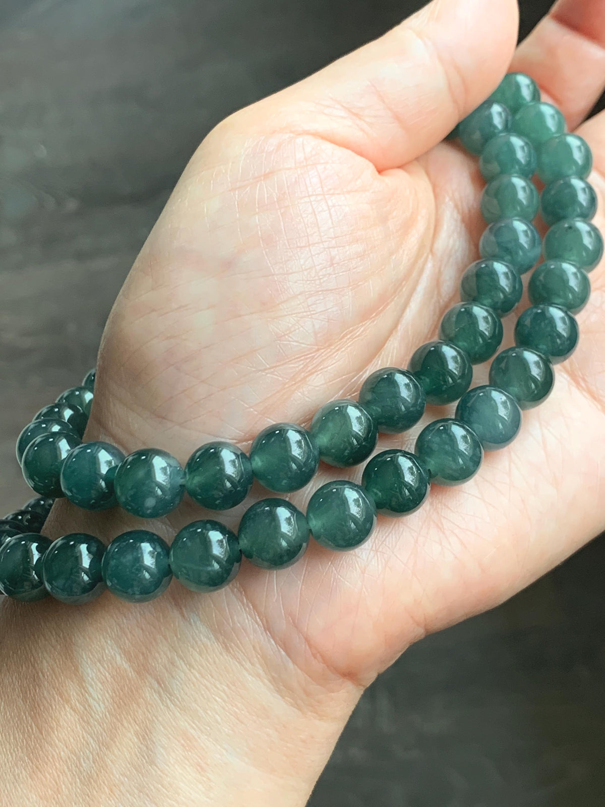 Natural Grade A Guatemalan Icy Translucent Dark Teal Blue Jade Jadeite Beaded Necklace 9.7mm 23.7” 101g 天然冰胶危深蓝绿翡翠大卡圆珠项链 WSC440