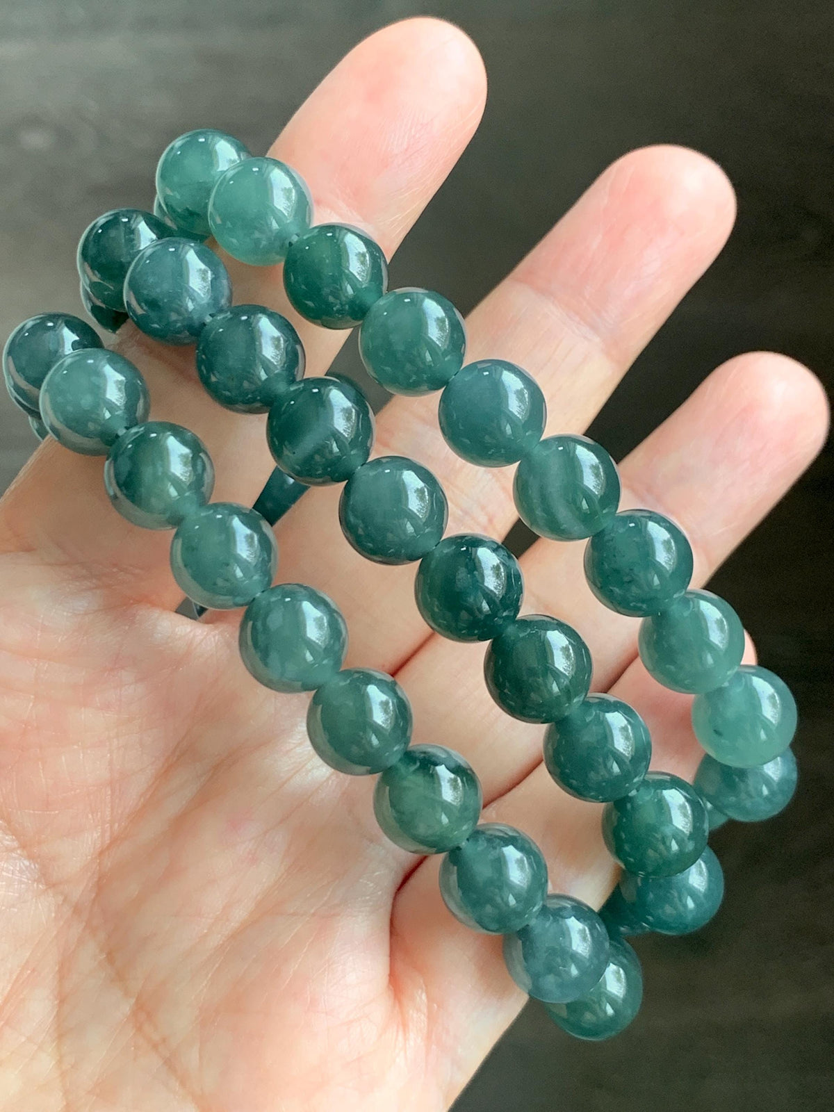Natural Grade A Guatemalan Icy Translucent Dark Teal Blue Jade Jadeite Beaded Necklace 9.7mm 23.7” 101g 天然冰胶危深蓝绿翡翠大卡圆珠项链 WSC440