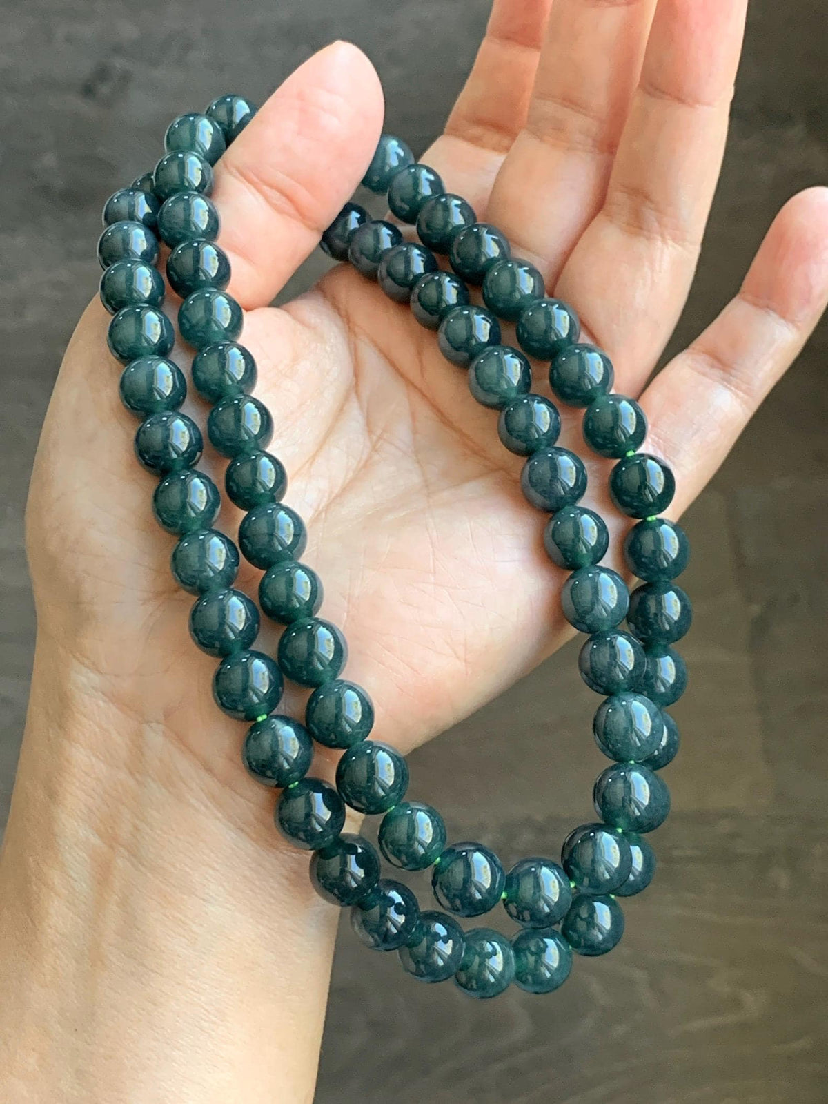 Natural Grade A Guatemalan Icy Translucent Dark Aegean Blue Jade Jadeite Beaded Necklace 9.8mm 26” 111g 天然冰危深牛仔蓝翡翠大卡圆珠项链 WNZ550A