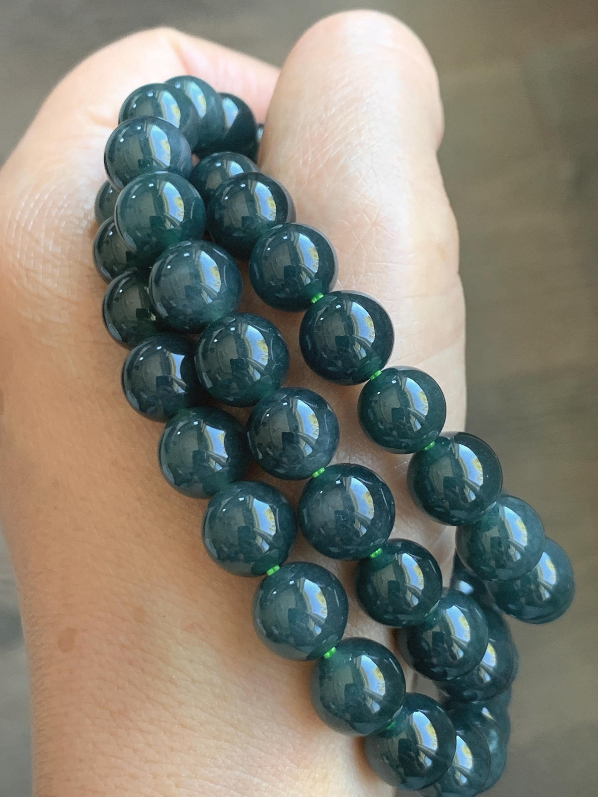Natural Grade A Guatemalan Icy Translucent Dark Aegean Blue Jade Jadeite Beaded Necklace 9.8mm 26” 111g 天然冰危深牛仔蓝翡翠大卡圆珠项链 WNZ550A