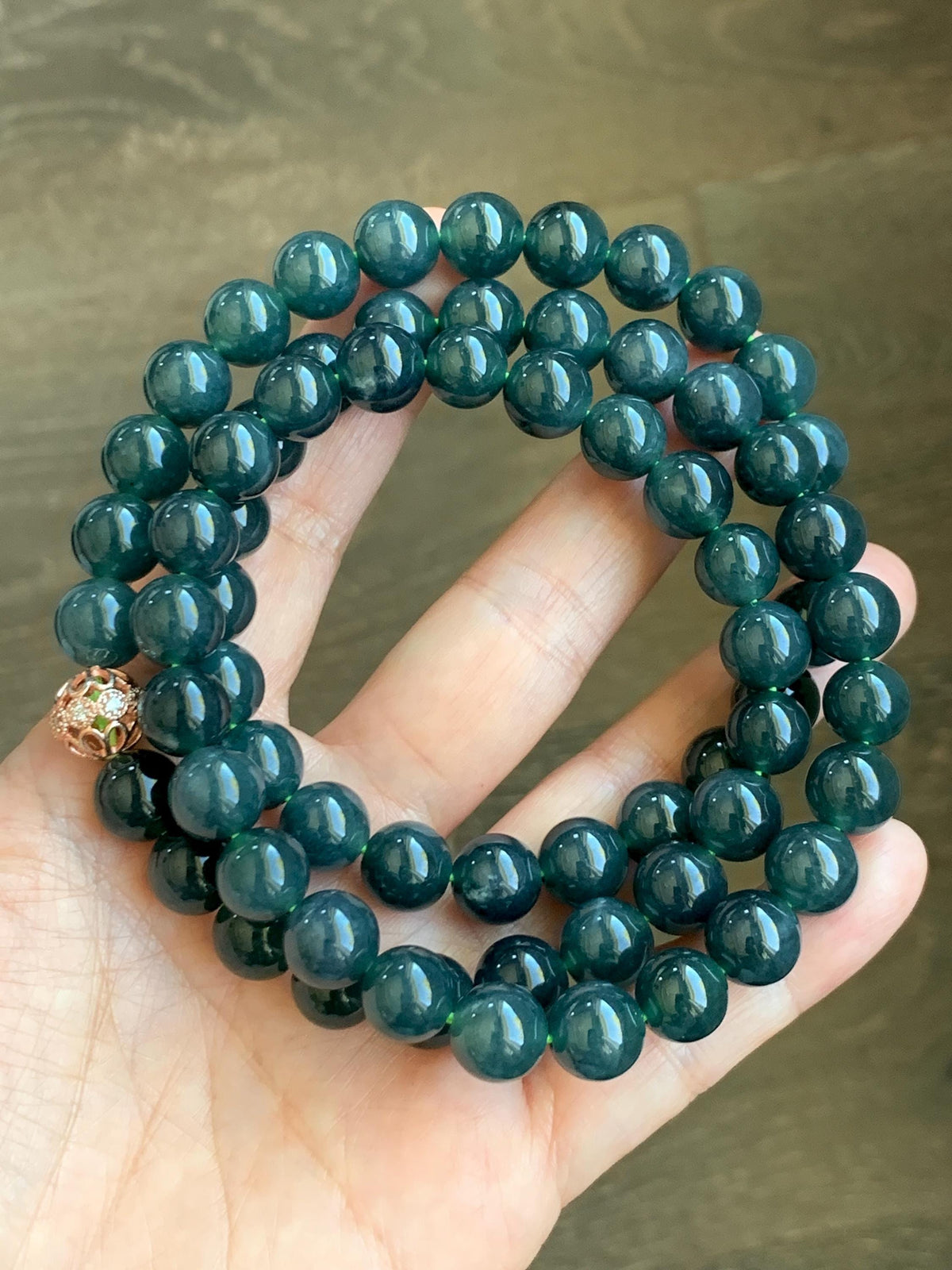 Natural Grade A Guatemalan Icy Translucent Dark Aegean Blue Jade Jadeite Beaded Necklace 9.8mm 26” 111g 天然冰危深牛仔蓝翡翠大卡圆珠项链 WNZ550A