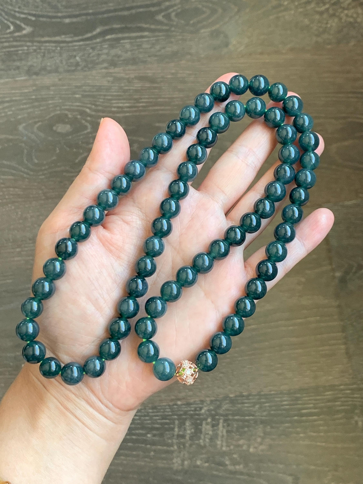 Natural Grade A Guatemalan Icy Translucent Dark Aegean Blue Jade Jadeite Beaded Necklace 9.8mm 26” 111g 天然冰危深牛仔蓝翡翠大卡圆珠项链 WNZ550A