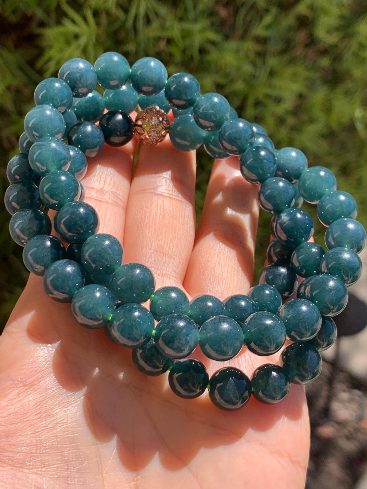 Natural Grade A Guatemalan Icy Translucent Dark Aegean Blue Jade Jadeite Beaded Necklace 9.8mm 26” 111g 天然冰危深牛仔蓝翡翠大卡圆珠项链 WNZ550A