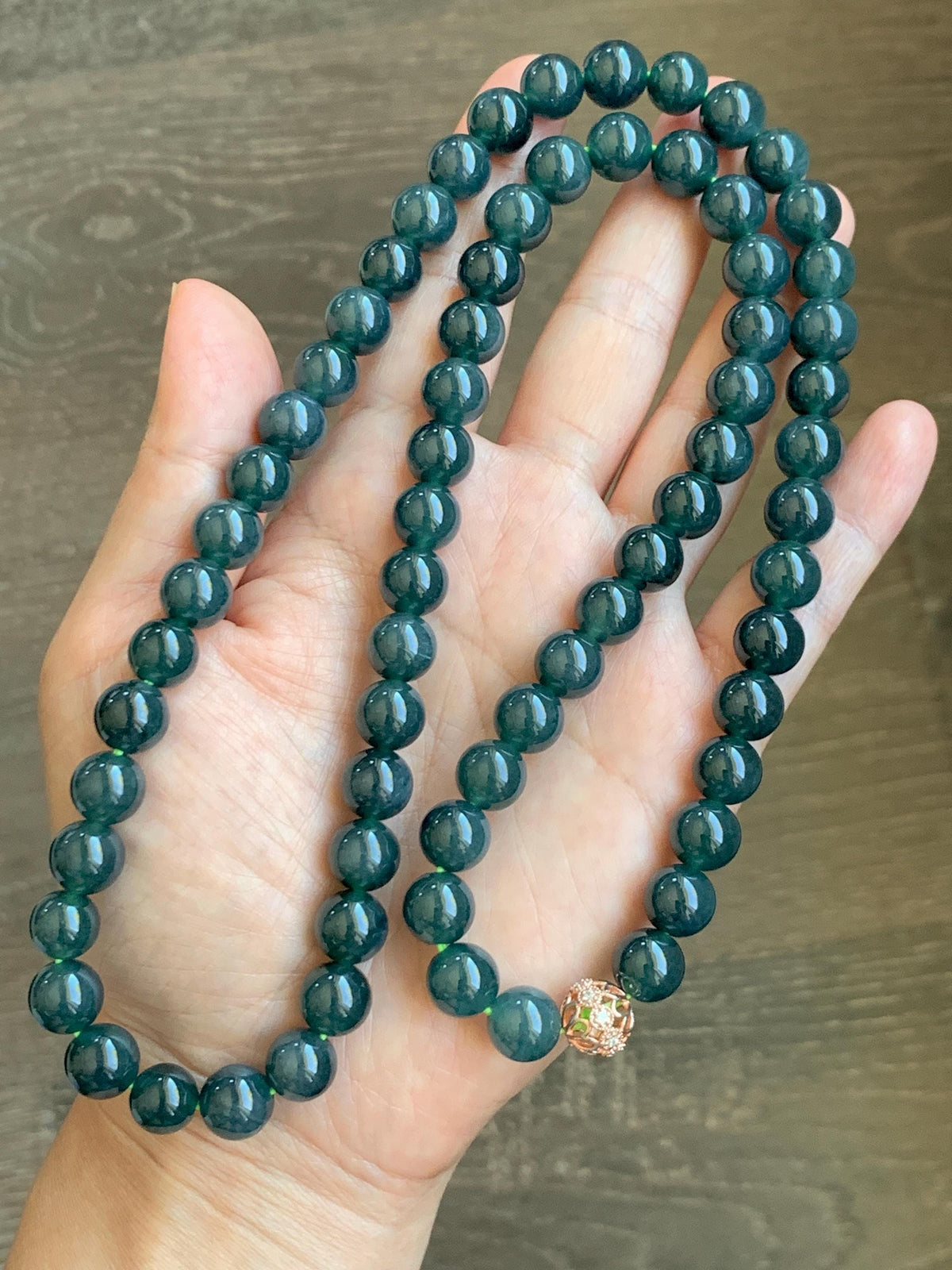 Natural Grade A Guatemalan Icy Translucent Dark Aegean Blue Jade Jadeite Beaded Necklace 9.8mm 26” 111g 天然冰危深牛仔蓝翡翠大卡圆珠项链 WNZ550A