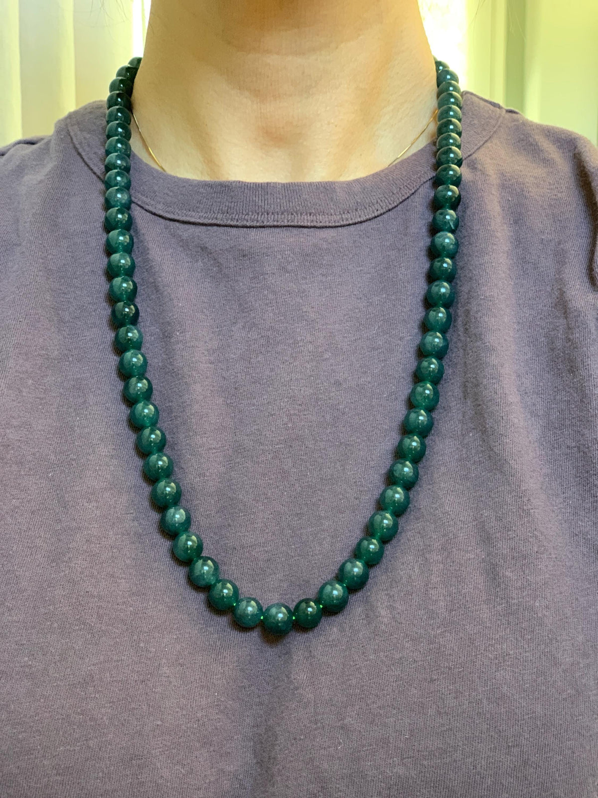 Natural Grade A Guatemalan Icy Translucent Dark Aegean Blue Jade Jadeite Beaded Necklace 9.8mm 26” 111g 天然冰危深牛仔蓝翡翠大卡圆珠项链 WNZ550A