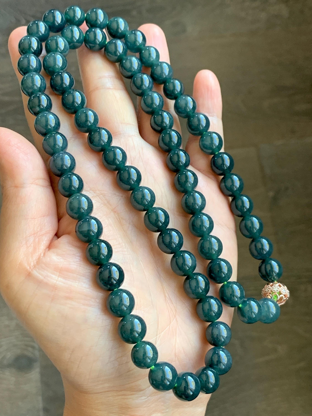 Natural Grade A Guatemalan Icy Translucent Dark Aegean Blue Jade Jadeite Beaded Necklace 9.8mm 26” 111g 天然冰危深牛仔蓝翡翠大卡圆珠项链 WNZ550A