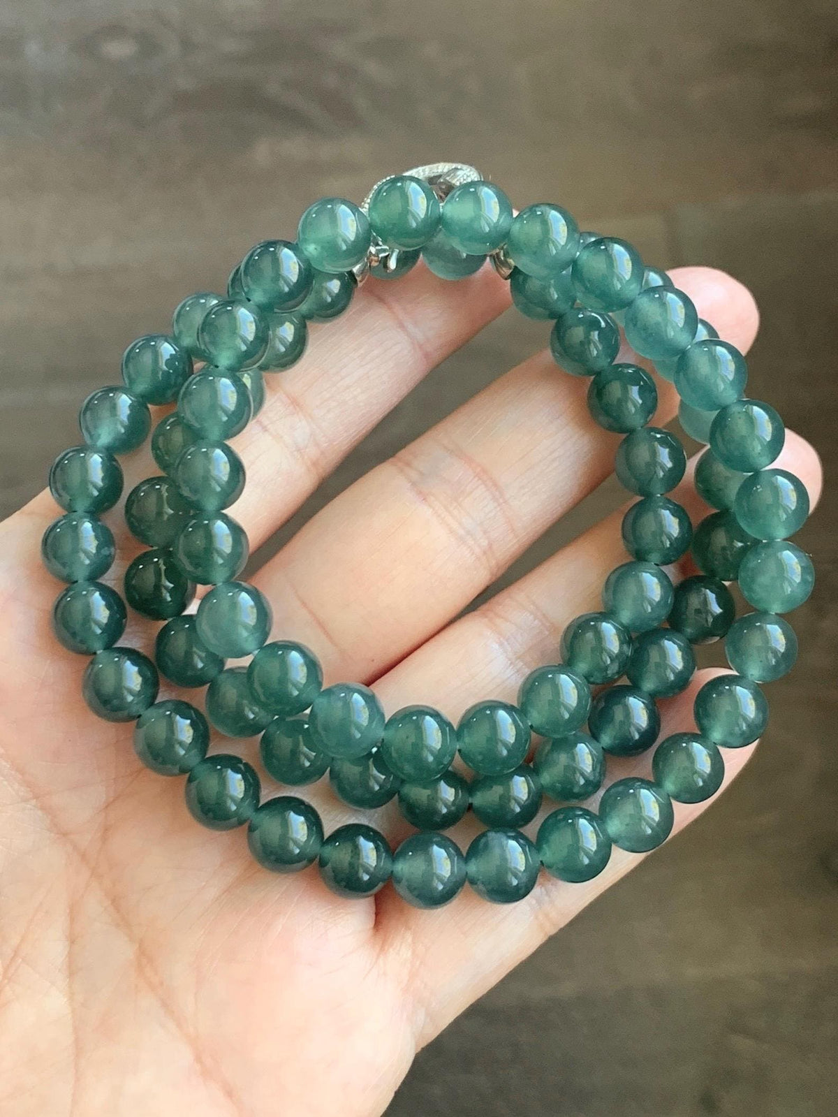 Certified Natural Grade A Guatemalan Icy Highly Translucent Dark Teal Green Jade Jadeite Beaded Necklace 7.6mm 22.75” 61g 天然冰胶危蓝绿翡翠圆珠项链 958