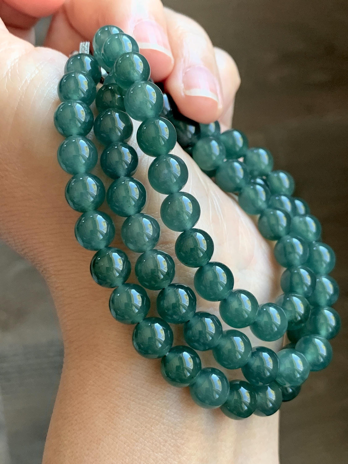 Certified Natural Grade A Guatemalan Icy Highly Translucent Dark Teal Green Jade Jadeite Beaded Necklace 7.6mm 22.75” 61g 天然冰胶危蓝绿翡翠圆珠项链 958