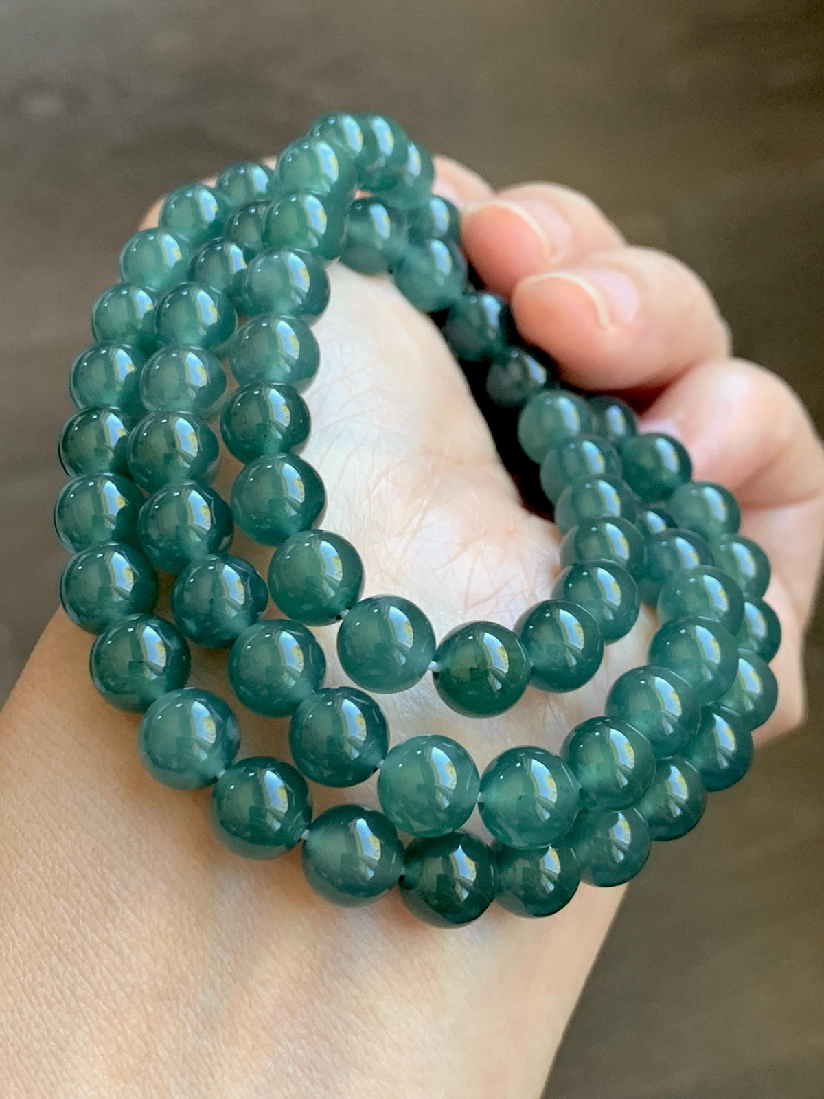 Certified Natural Grade A Guatemalan Icy Highly Translucent Dark Teal Green Jade Jadeite Beaded Necklace 7.6mm 22.75” 61g 天然冰胶危蓝绿翡翠圆珠项链 958