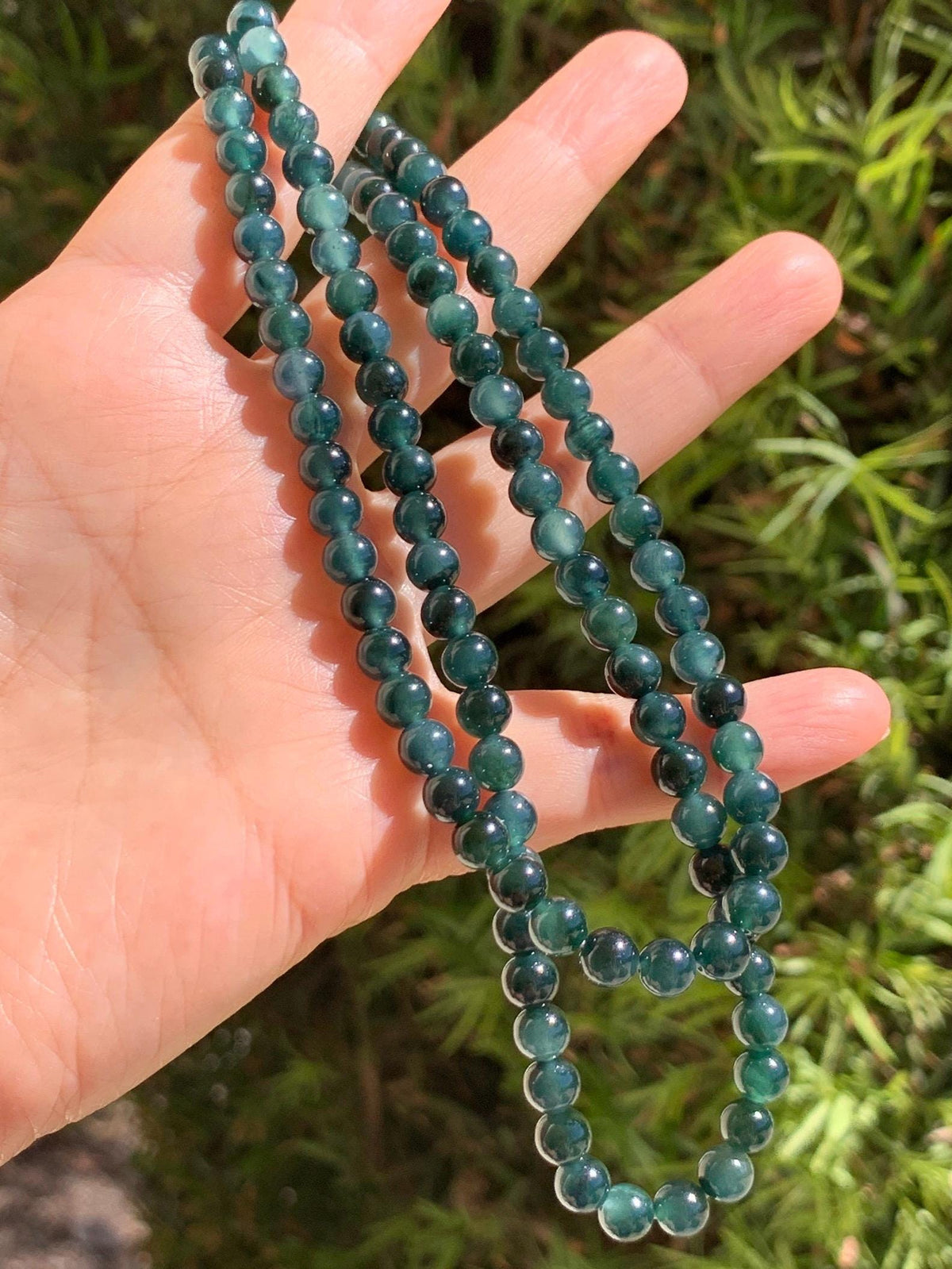 Natural Grade A Guatemalan Icy Translucent Dark Teal Green Marbled Jade Jadeite Beaded Necklace 5.9mm 23.75” 38g 天然冰胶危深蓝飘花翡翠圆珠项链 WSP220