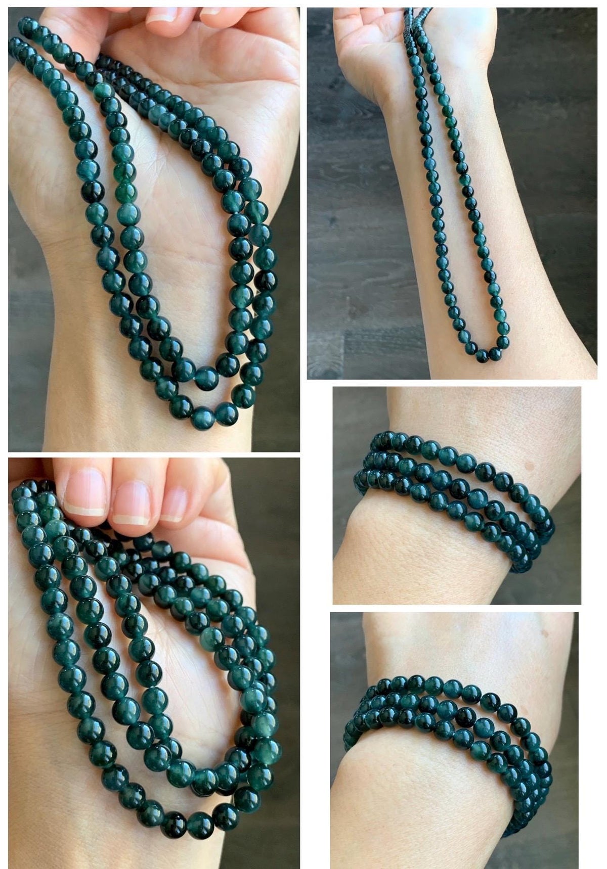 Natural Grade A Guatemalan Icy Translucent Dark Teal Green Marbled Jade Jadeite Beaded Necklace 5.9mm 23.75” 38g 天然冰胶危深蓝飘花翡翠圆珠项链 WSP220