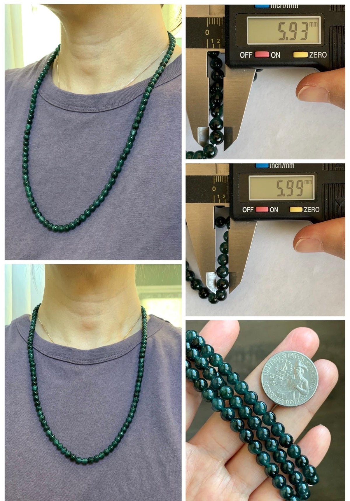 Natural Grade A Guatemalan Icy Translucent Dark Teal Green Marbled Jade Jadeite Beaded Necklace 5.9mm 23.75” 38g 天然冰胶危深蓝飘花翡翠圆珠项链 WSP220