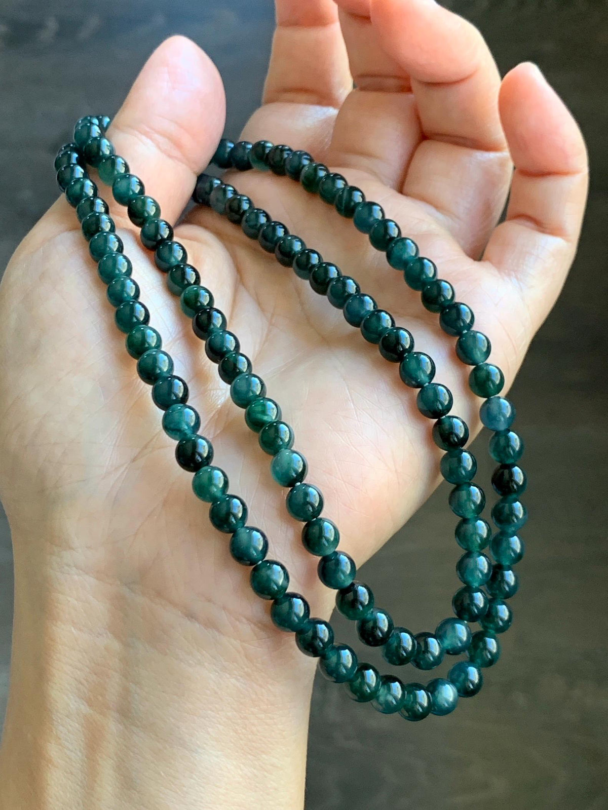 Natural Grade A Guatemalan Icy Translucent Dark Teal Green Marbled Jade Jadeite Beaded Necklace 5.9mm 23.75” 38g 天然冰胶危深蓝飘花翡翠圆珠项链 WSP220
