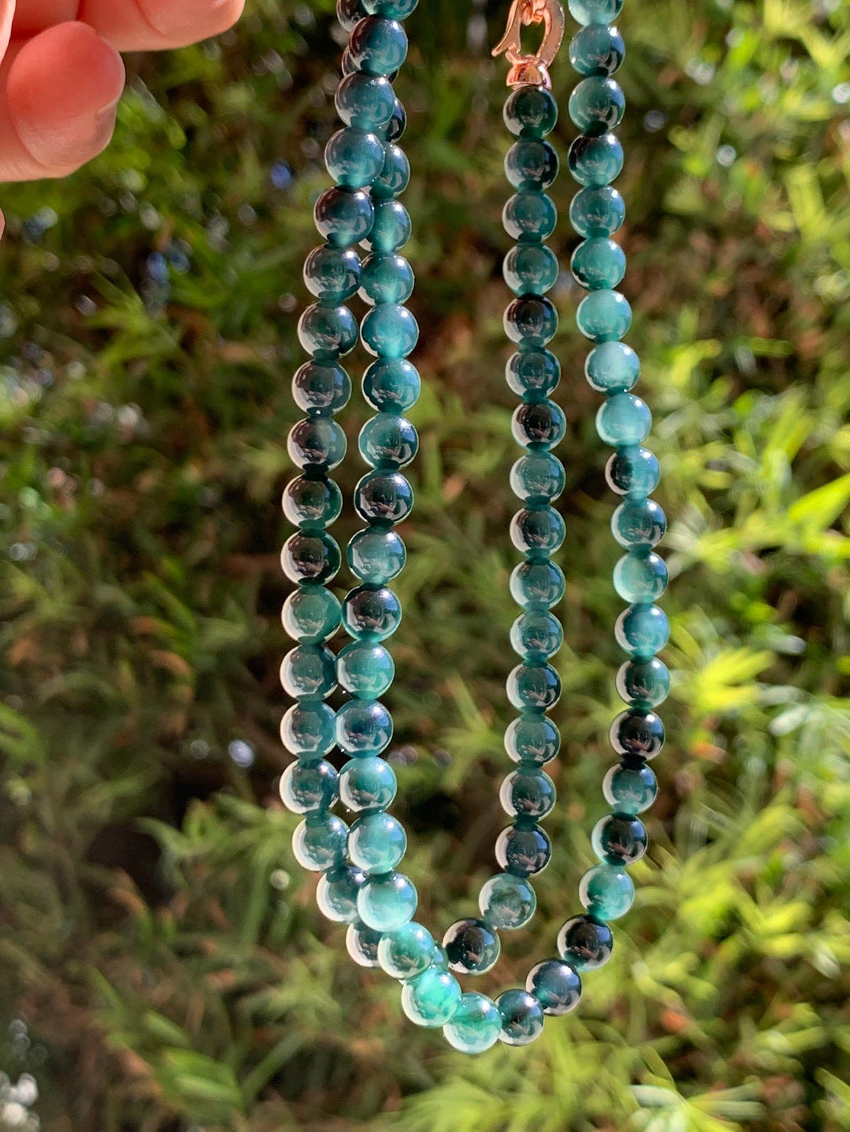 Natural Grade A Guatemalan Icy Translucent Dark Teal Green Marbled Jade Jadeite Beaded Necklace 5.9mm 23.75” 38g 天然冰胶危深蓝飘花翡翠圆珠项链 WSP220