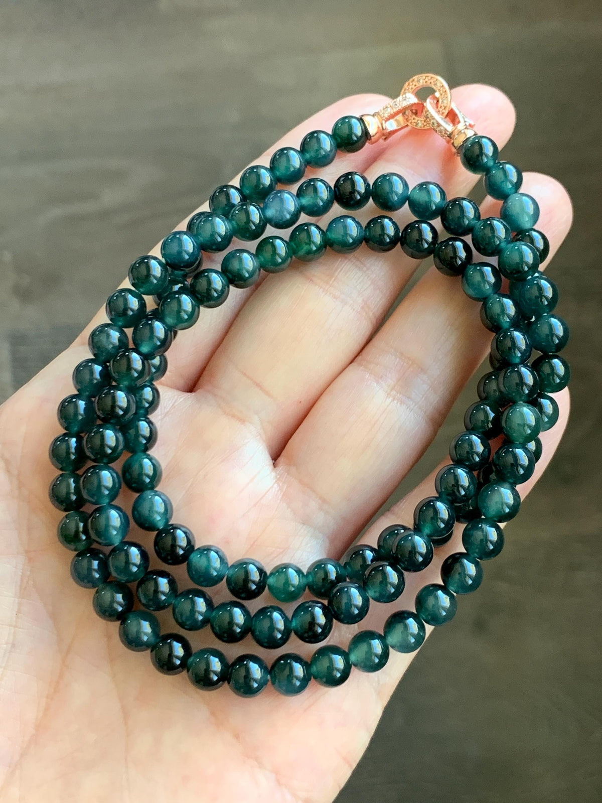 Natural Grade A Guatemalan Icy Translucent Dark Teal Green Marbled Jade Jadeite Beaded Necklace 5.9mm 23.75” 38g 天然冰胶危深蓝飘花翡翠圆珠项链 WSP220