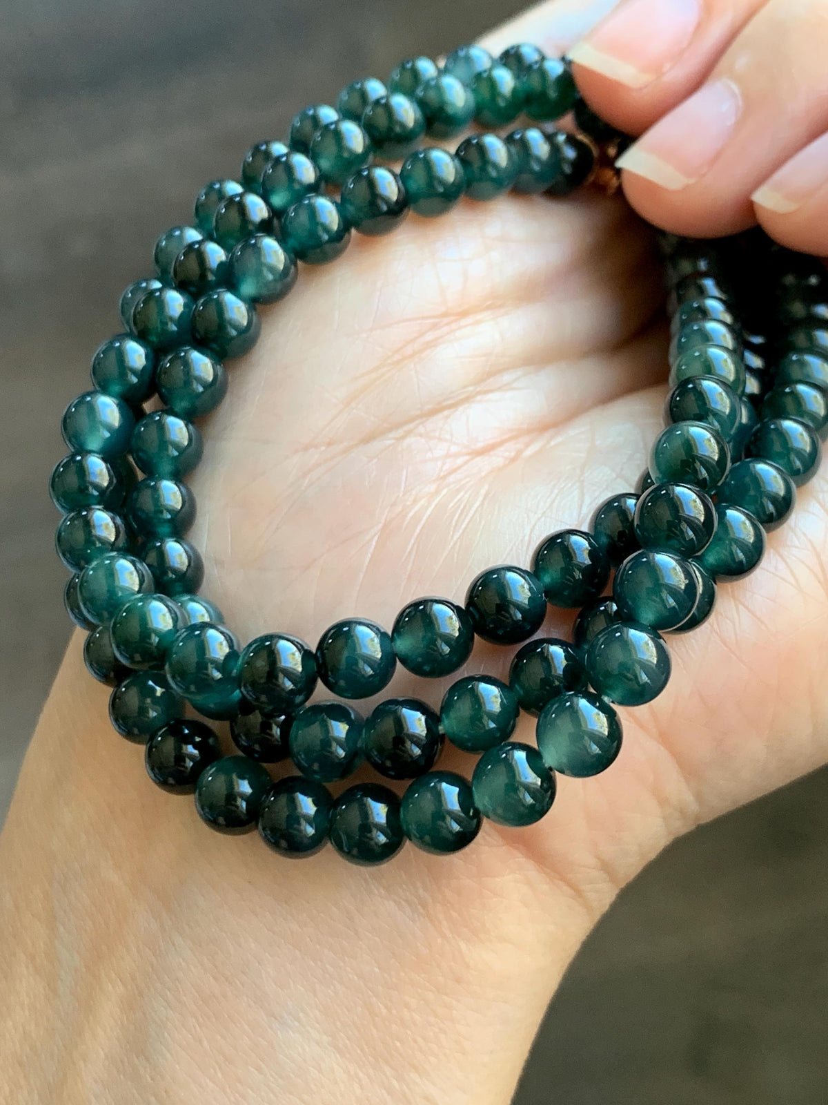 Natural Grade A Guatemalan Icy Translucent Dark Teal Green Marbled Jade Jadeite Beaded Necklace 5.9mm 23.75” 38g 天然冰胶危深蓝飘花翡翠圆珠项链 WSP220