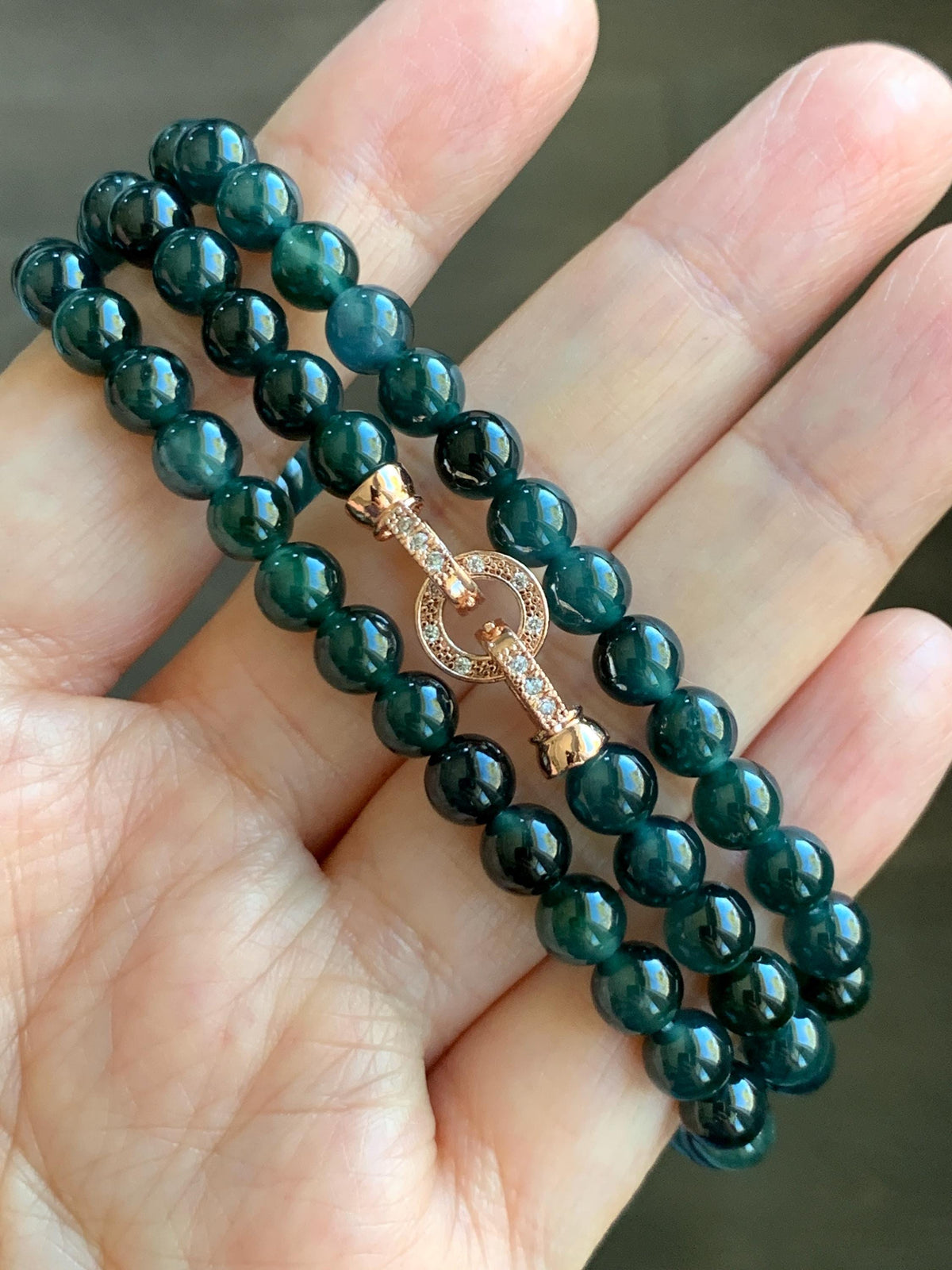 Natural Grade A Guatemalan Icy Translucent Dark Teal Green Marbled Jade Jadeite Beaded Necklace 5.9mm 23.75” 38g 天然冰胶危深蓝飘花翡翠圆珠项链 WSP220