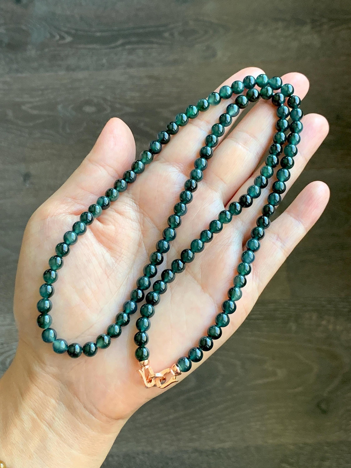 Natural Grade A Guatemalan Icy Translucent Dark Teal Green Marbled Jade Jadeite Beaded Necklace 5.9mm 23.75” 38g 天然冰胶危深蓝飘花翡翠圆珠项链 WSP220