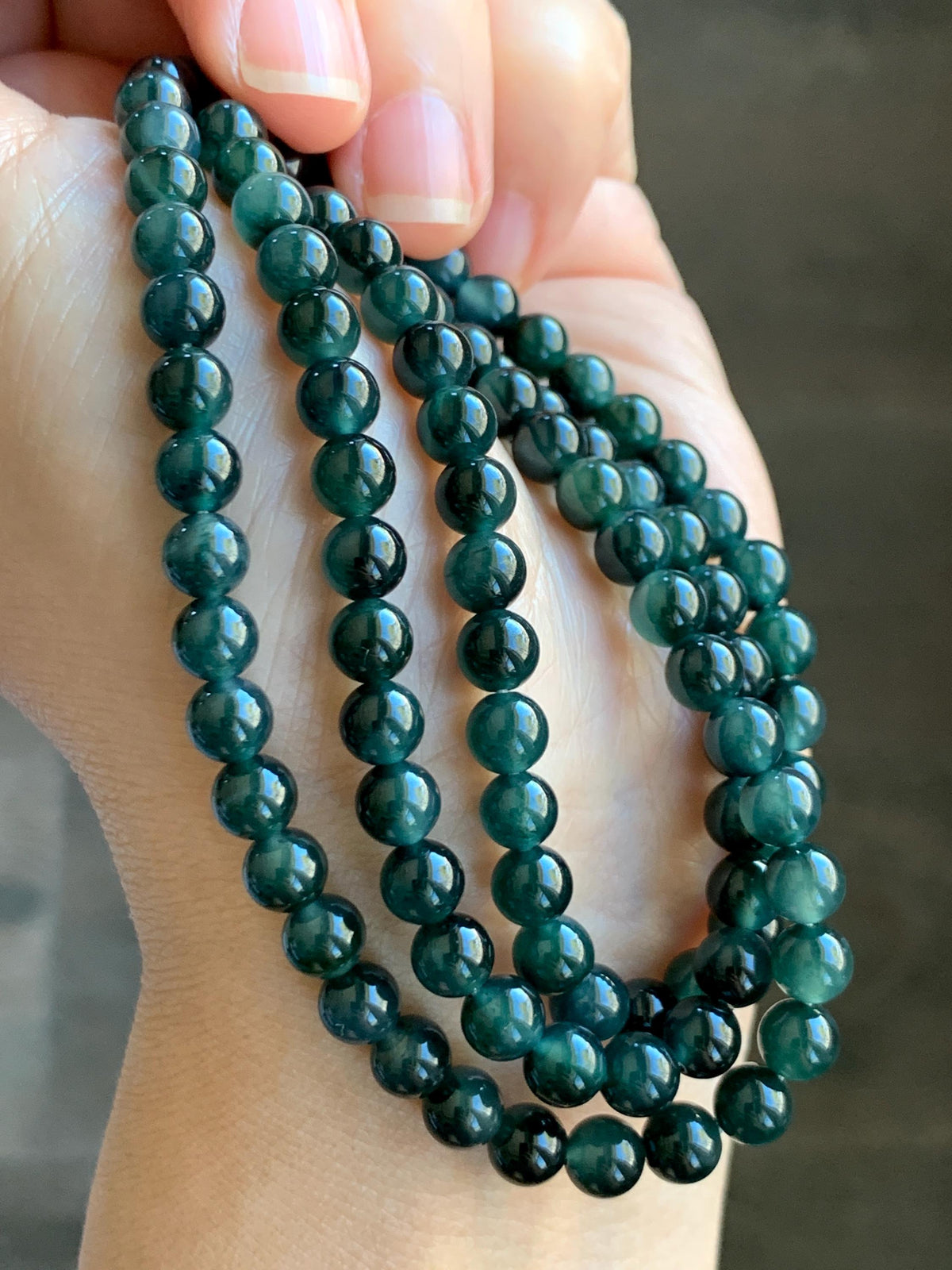 Natural Grade A Guatemalan Icy Translucent Dark Teal Green Marbled Jade Jadeite Beaded Necklace 5.9mm 23.75” 38g 天然冰胶危深蓝飘花翡翠圆珠项链 WSP220