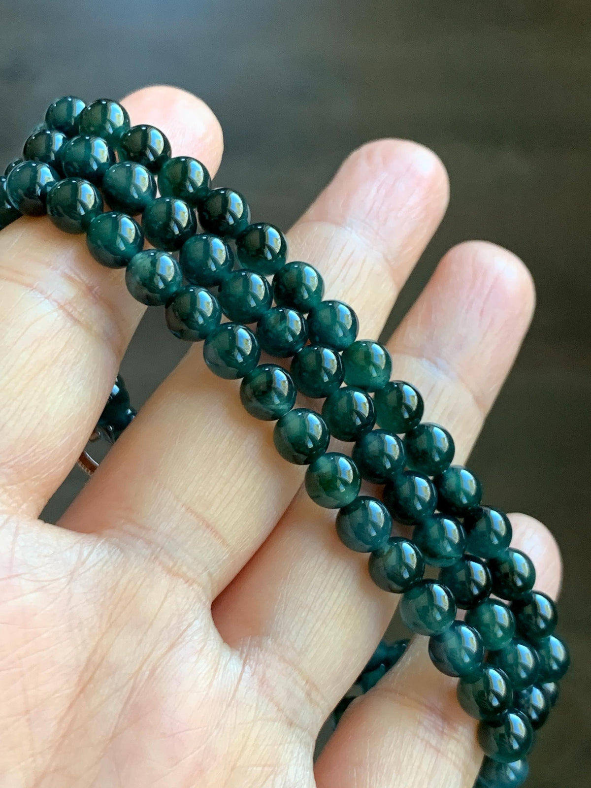 Natural Grade A Guatemalan Icy Translucent Dark Teal Green Marbled Jade Jadeite Beaded Necklace 5.9mm 23.75” 38g 天然冰胶危深蓝飘花翡翠圆珠项链 WSP220