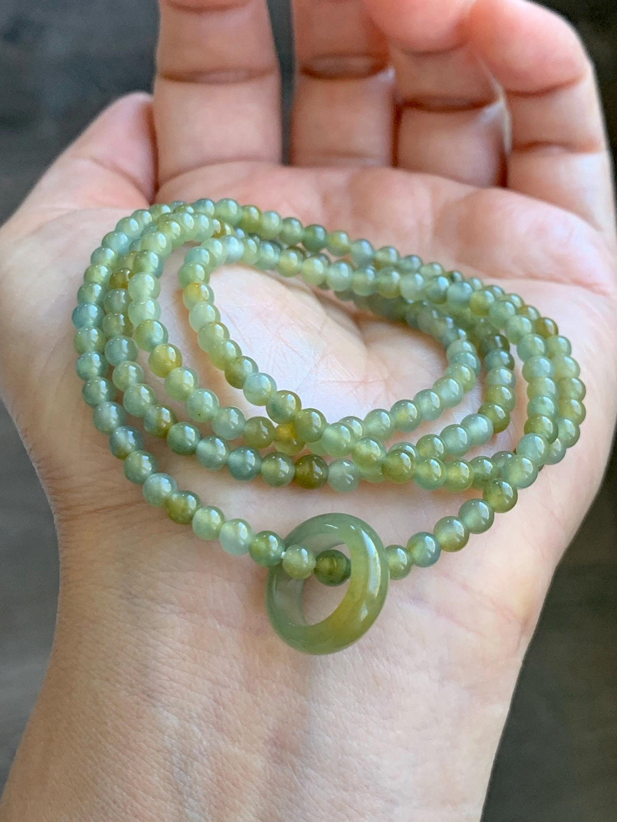 Grade A Natural Guatemalan Icy Pastel Blue Yellow Marbled Jade Jadeite Petite Beaded Necklace & Ring Pendant 3.8mm 24” 天然冰危黄翡翠圆珠跑环项链 WHL327